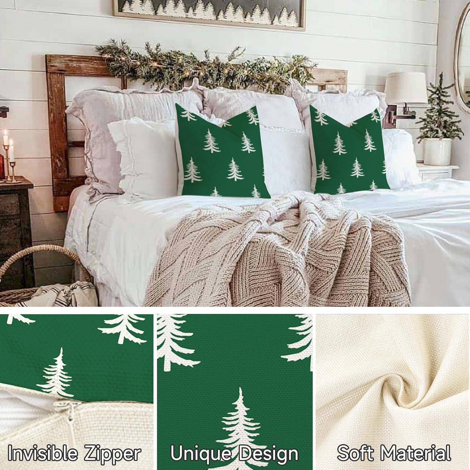 Ein gemütliches Schlafzimmer mit einem Bett, das weiße und grüne Kissen mit Baummotiven, eine weiche beige Decke und passende Bettwäsche aufweist. Kerzen und Grünpflanzen verleihen Wärme. Einblendungen heben Produktdetails hervor.