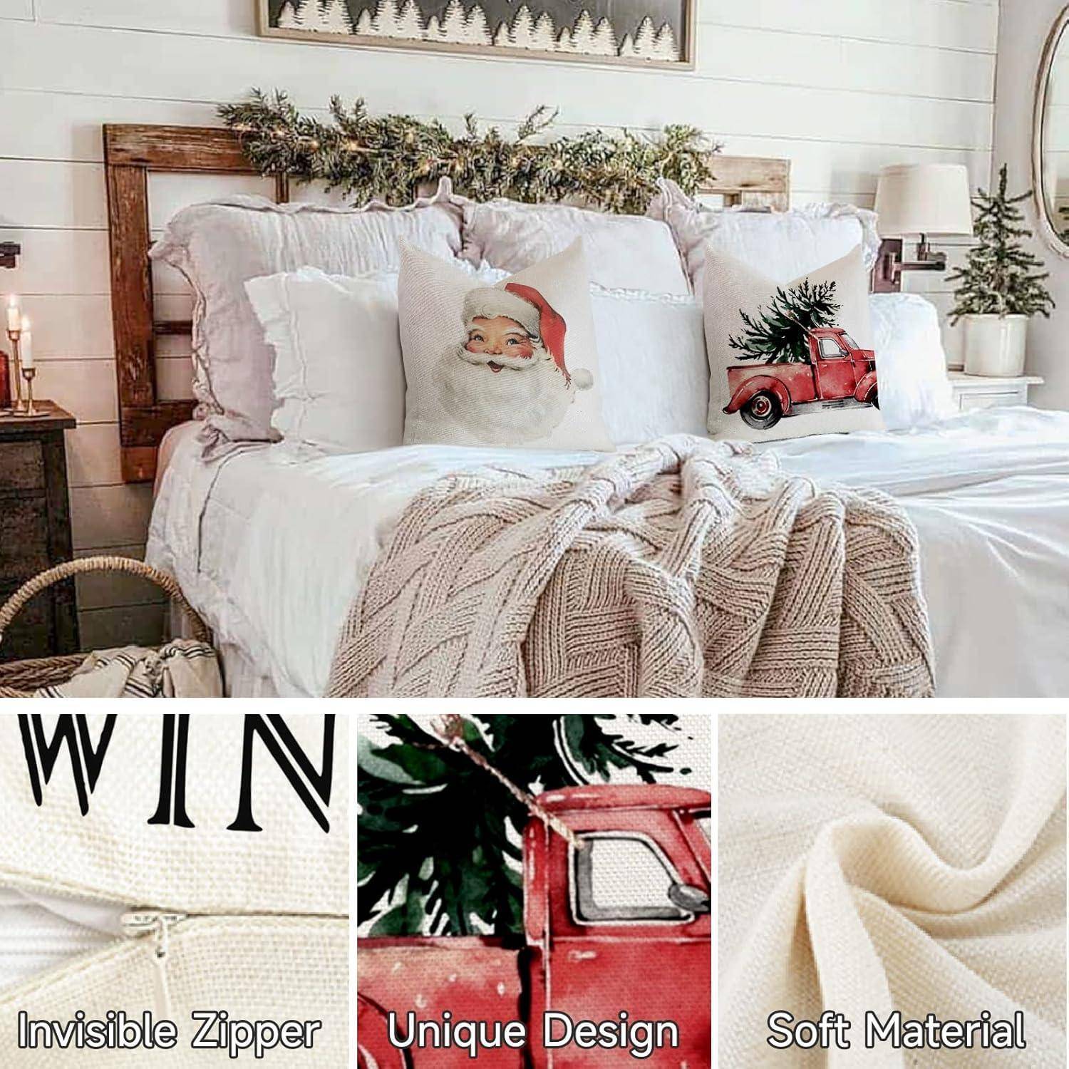 Gemütliches Schlafzimmer mit weihnachtlich gestalteten Kissenbezügen, die ein Weihnachtsmanngesicht und einen roten Truck zeigen. Beschreibender Text hebt hervor: ‚Unsichtbarer Reißverschluss', ‚Einzigartiges Design' und ‚Weiches Material'.