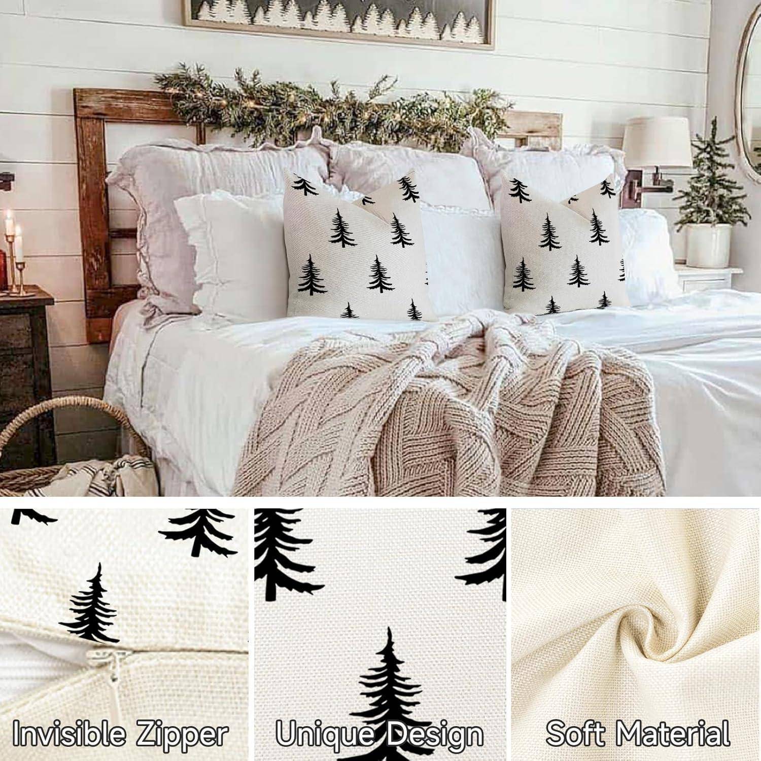 Ein gemütliches Schlafzimmer zeigt ein Bett mit weißer Bettwäsche und baumgemusterten Kissen. Der Text hebt hervor: ‚Unsichtbarer Reißverschluss', ‚Einzigartiges Design', ‚Weiches Material'.