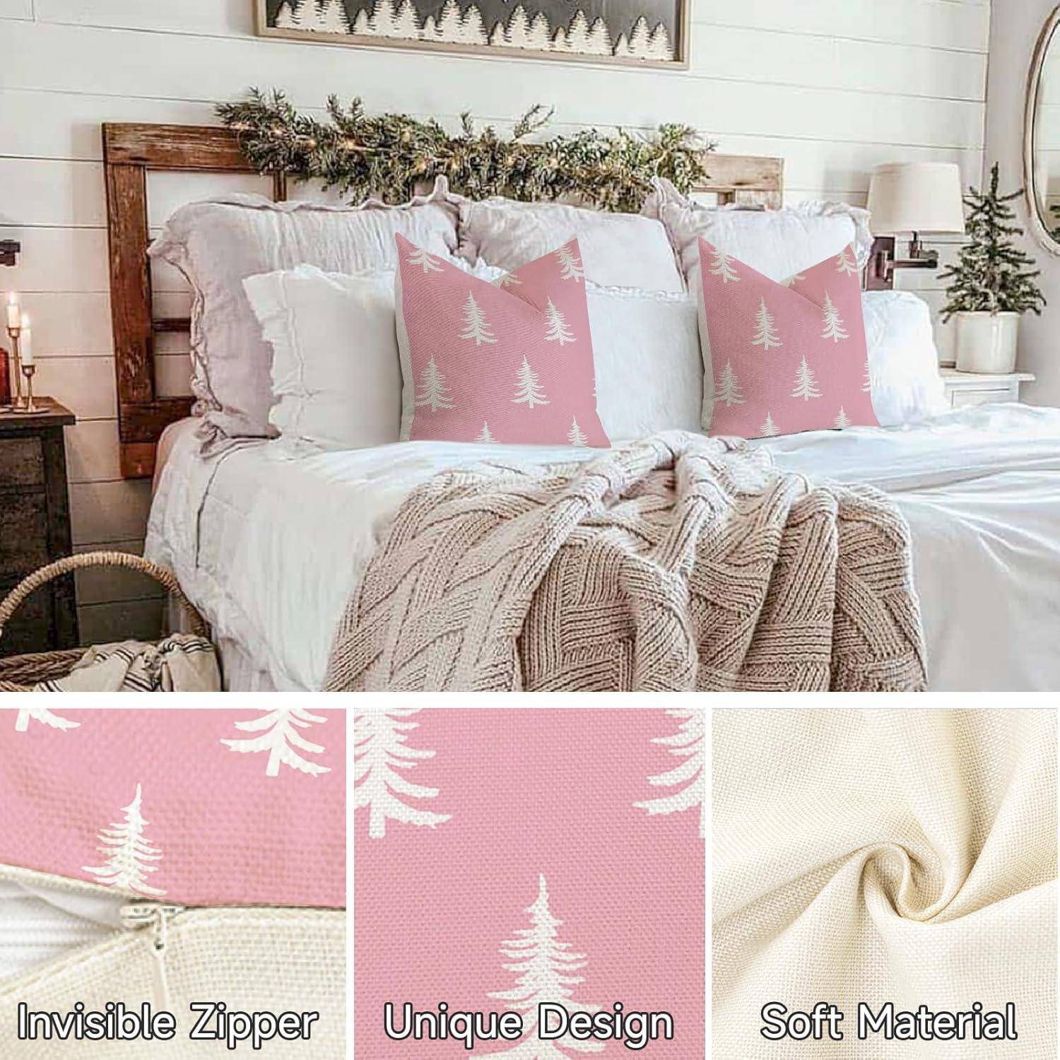 Ein gemütliches Schlafzimmer zeigt ein Bett mit rosa Kissen, die mit weißen Bäumen verziert sind, weichen Decken und Grünpflanzen über dem Kopfteil. Detailaufnahmen heben die Kissenmuster hervor.
