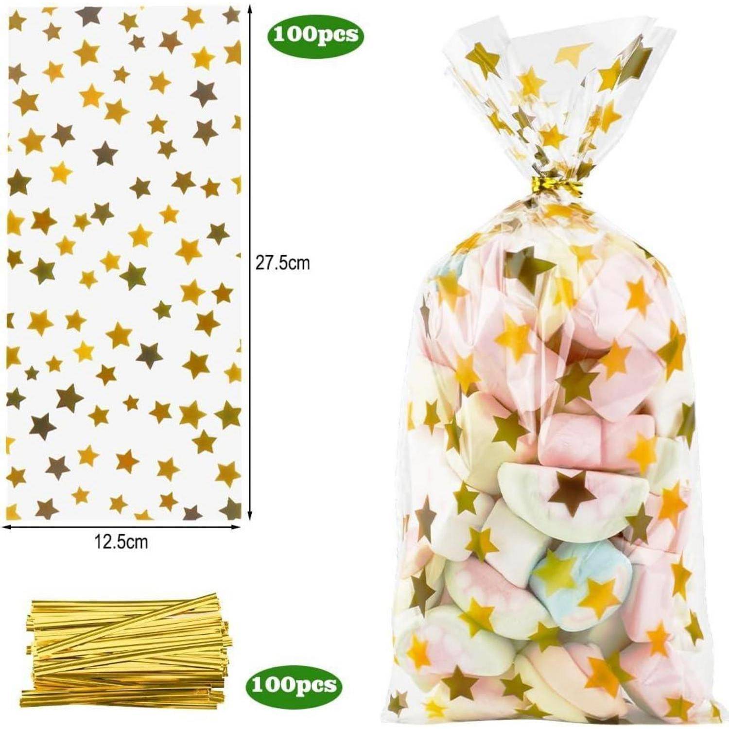 Transparente Geschenktüten mit goldenem Sternenmuster, 27,5x12,5 cm, zum Befüllen mit bunten Marshmallows. Inkludiert 100 goldene Twist-Verschlüsse, Packung mit 100 Tüten.