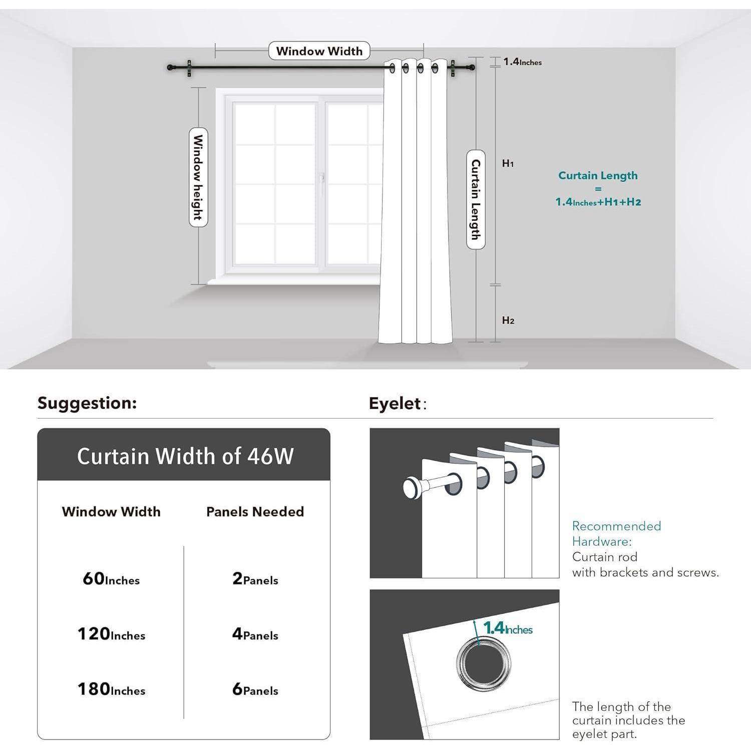 Diagramm zur Messung von Vorhängen: Fensterbreite für Anzahl der Schals messen; Länge von der Stange bis zum gewünschten Saum messen. Enthält Darstellung des Ösendetails.