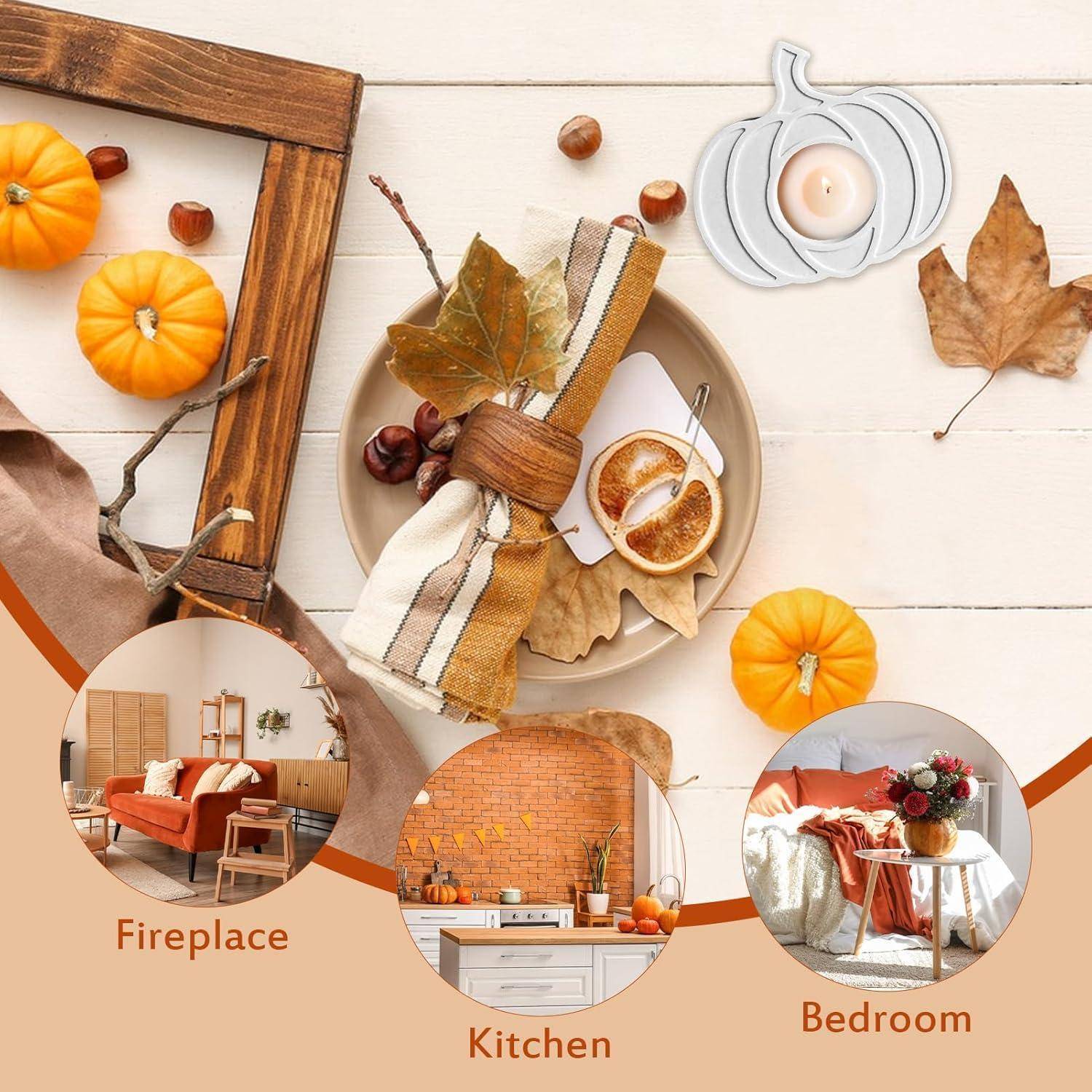 Kürbisdekoration und Herbstblätter auf einem Tisch. Einschübe heben herbstlich gestaltete Innenräume hervor: ‚Kamin' mit orangefarbenen Tönen, ‚Küche' mit saisonaler Dekoration und ‚Schlafzimmer' mit gemütlichen Akzenten.