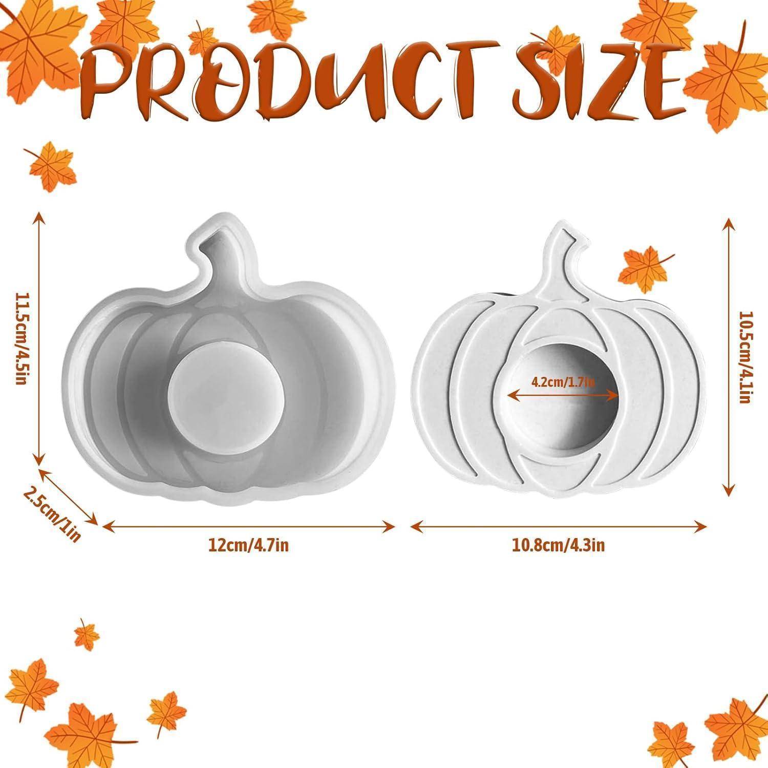 Produktgröße' Bild mit zwei weißen Kürbisformen und Abmessungen: 12 cm/4,7 Zoll breit x 11 cm/4,3 Zoll hoch und 10,8 cm/4,3 Zoll breit x 10,5 cm/4,1 Zoll hoch.