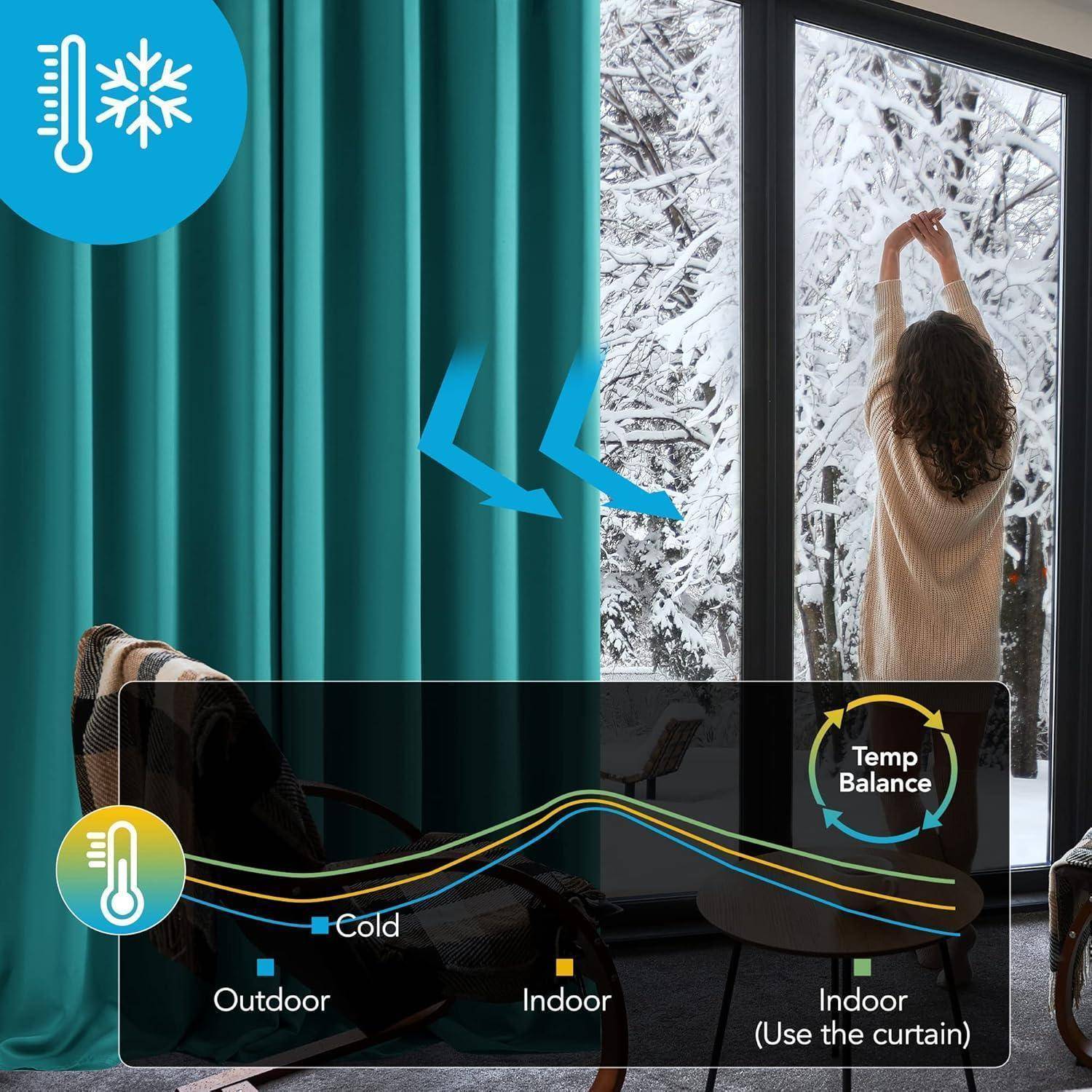 Eine Person justiert einen schweren Vorhang neben einem schneebedeckten Fenster und veranschaulicht damit, wie Vorhänge helfen können, die Raumwärme zu erhalten und das Temperaturgleichgewicht zu verbessern.