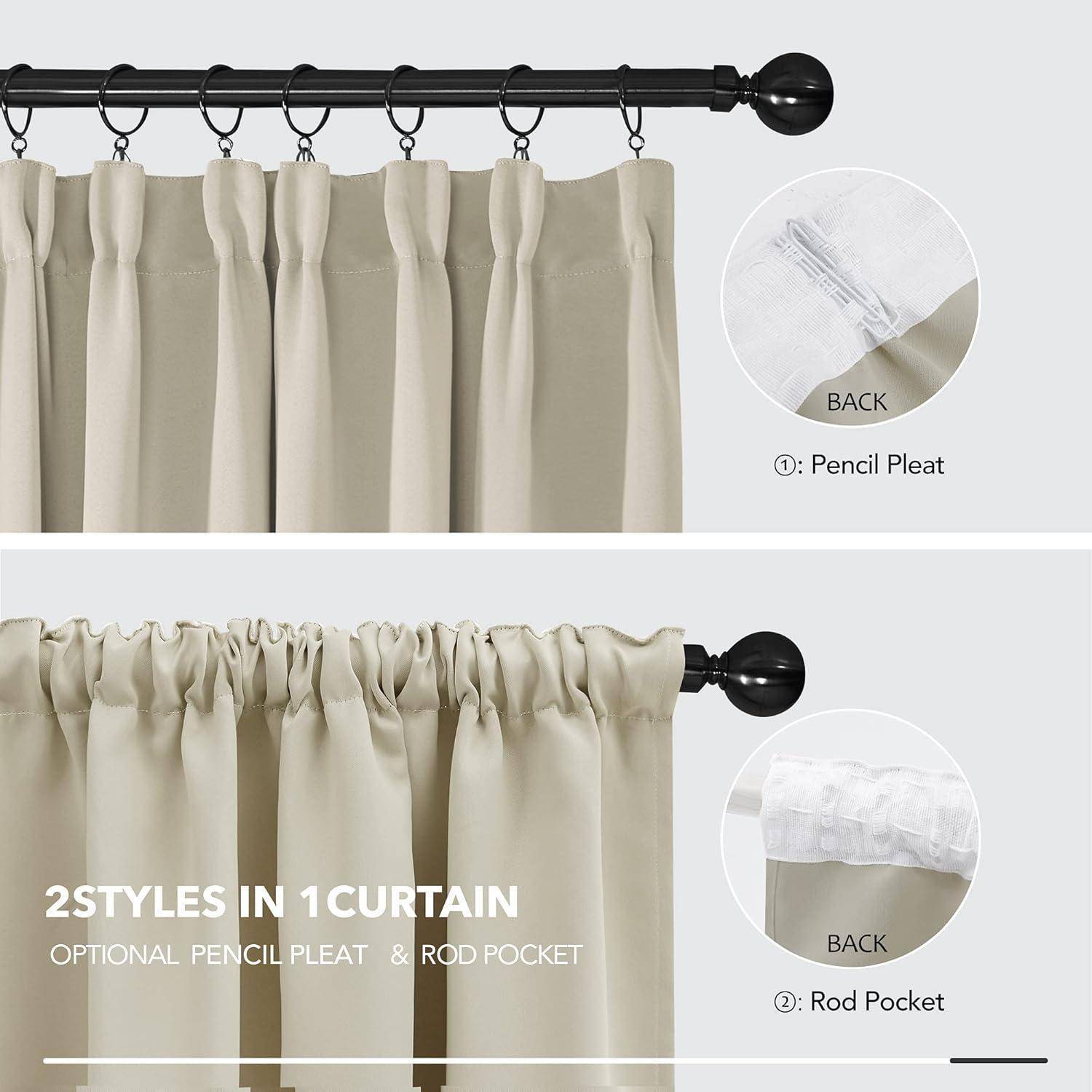 2 Stile in 1 Vorhang: Faltenband und Stabdurchzug; optionale Funktionen mit Detailansichten der einzelnen Stile auf beigen Vorhängen.