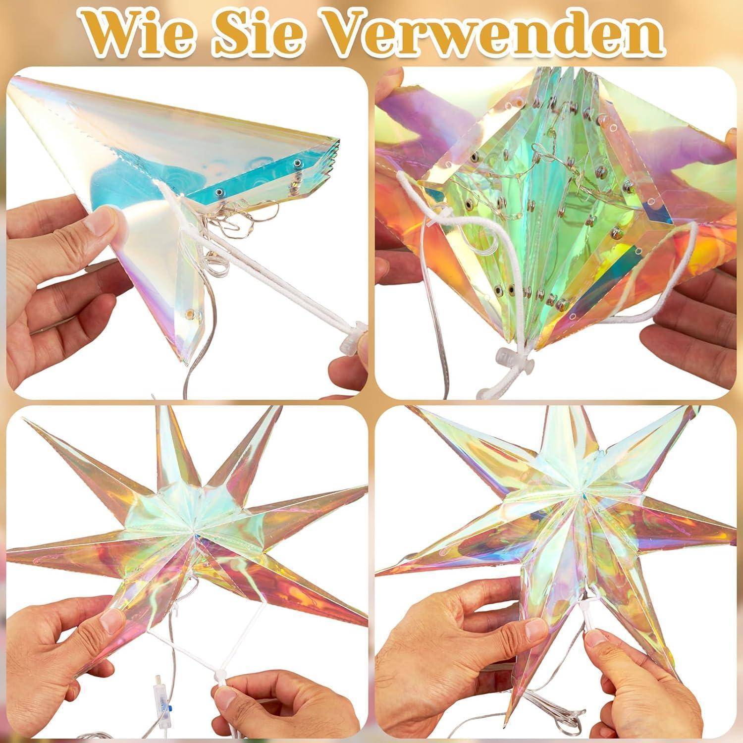 Schillernde sternförmige Dekoration Montage: Paneele falten, Laschen befestigen, Stützen einsetzen, zur vollständigen 3D-Form erweitern. Text lautet 
