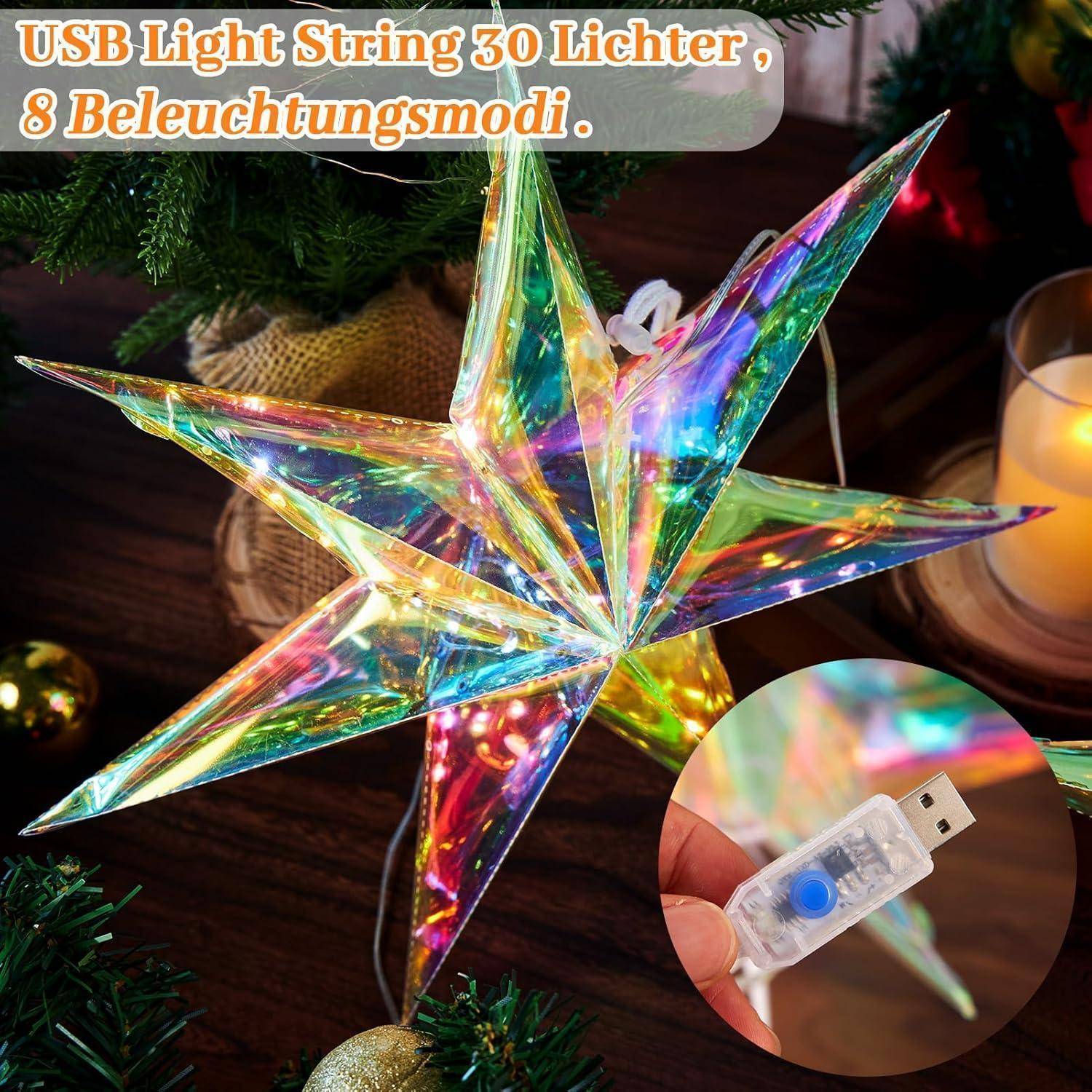 Eine mehrfarbige sternenförmige USB-Lichtdekoration mit Text: 'USB-Lichterkette 30 Lichter, 8 Beleuchtungsmodi