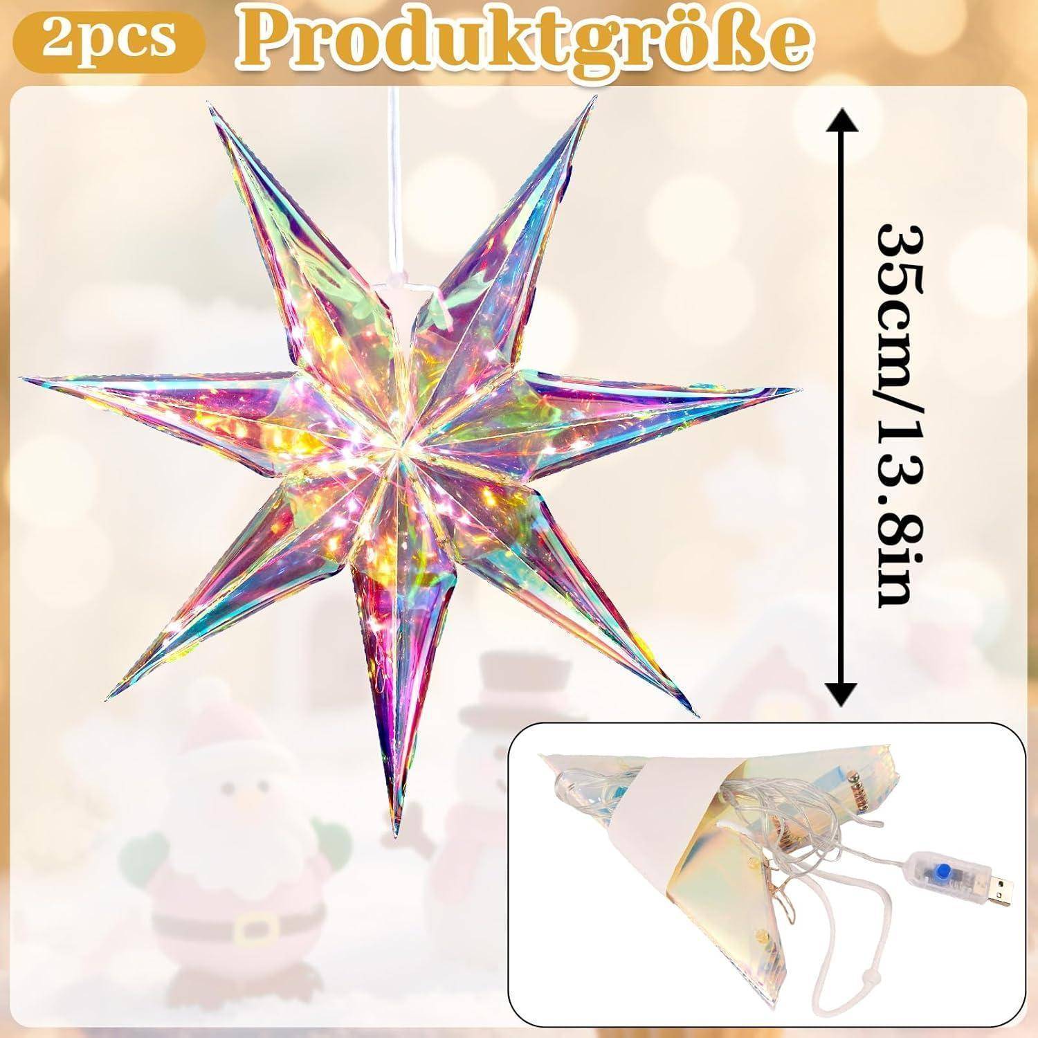 Ein leuchtender, schillernder Sternanhänger mit einem USB-Anschluss, der mit 35 cm/13,8 Zoll gezeigt wird. Weihnachtlich gestalteter Hintergrund mit verschwommenen Feiertagsfiguren.