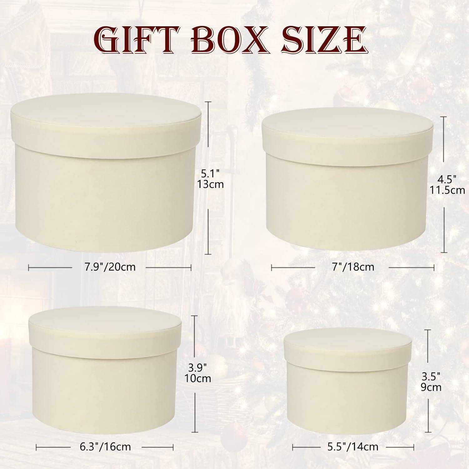 Vier runde Geschenkboxen mit unterschiedlichen Abmessungen: groß (7,9