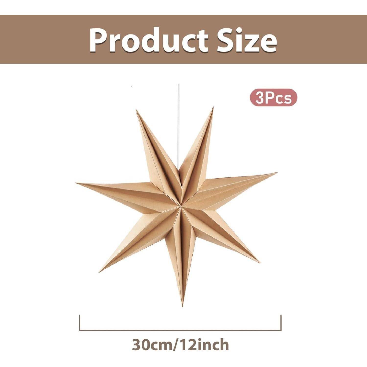 Produktgröße' zeigt einen braunen, 8-zackigen Sternendekor, der 30 cm/12 Zoll misst, mit dem Text '3 Stk', der drei Stücke anzeigt.