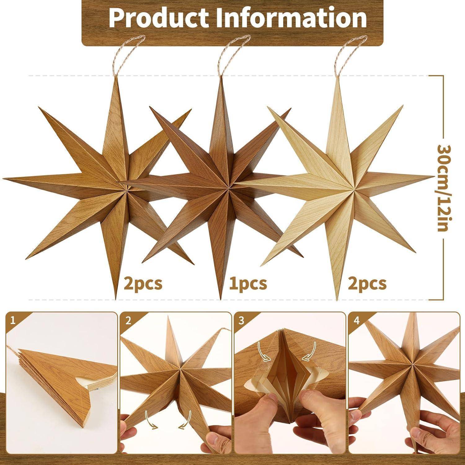 Holzsterne in verschiedenen Schattierungen sind abgebildet. 'Produktinformation' Text oben. Montageschritte 1 bis 4 sind darunter illustriert.