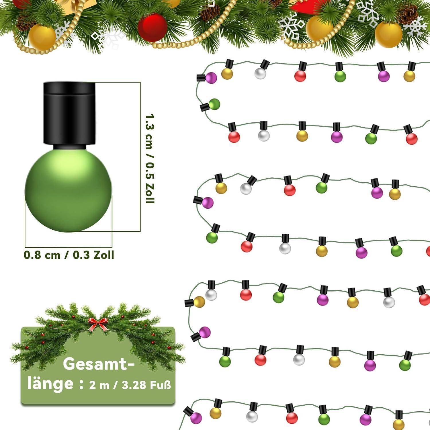 Diagramm mit einer grünen Feiertagsglühbirne und Maßangaben. Lichterketten in verschiedenen Farben darunter. Text: 'Gesamt-länge: 2 m / 3,28 Fuß'.
