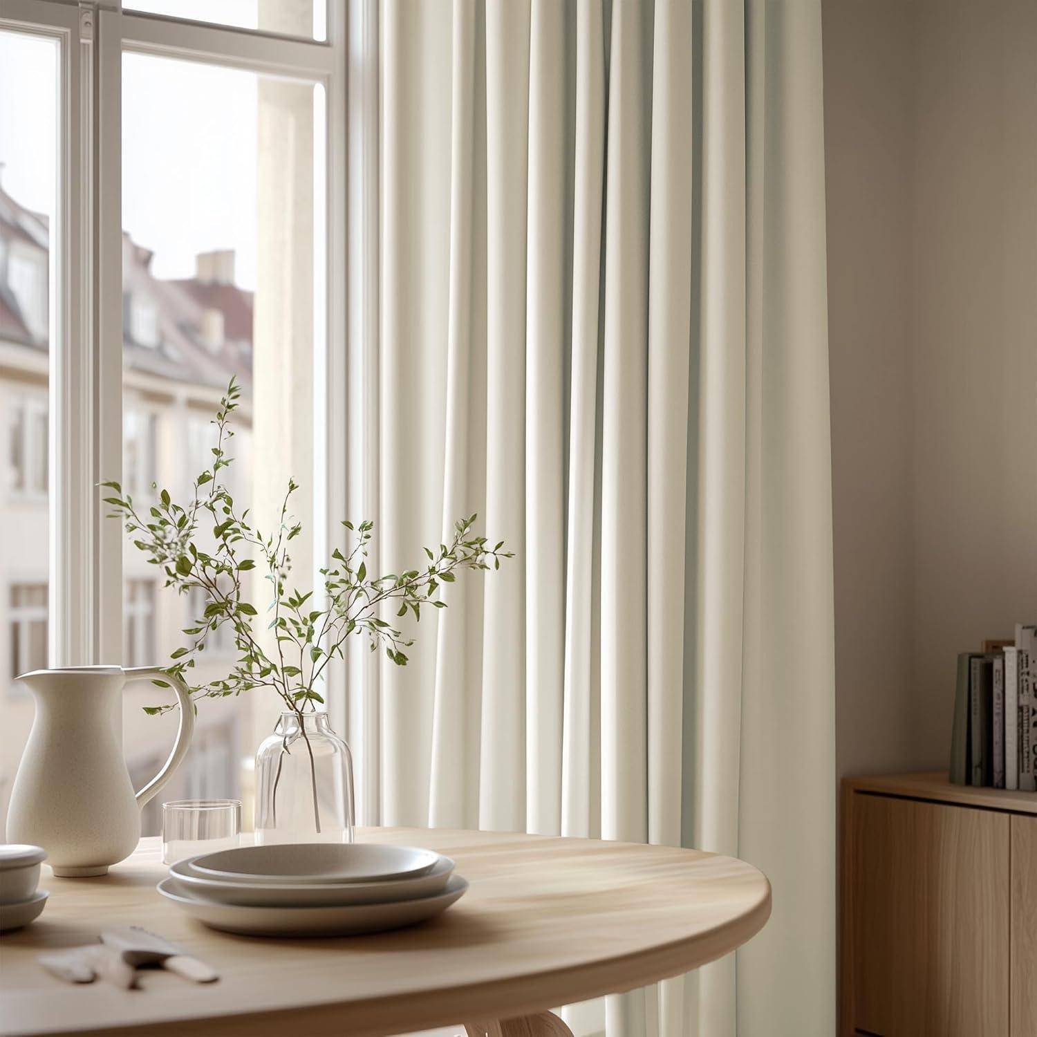 Ein runder Holztisch mit einer Vase mit grünen Blättern, einem weißen Teller und einem Krug, neben einem hohen Fenster mit beigen Vorhängen.