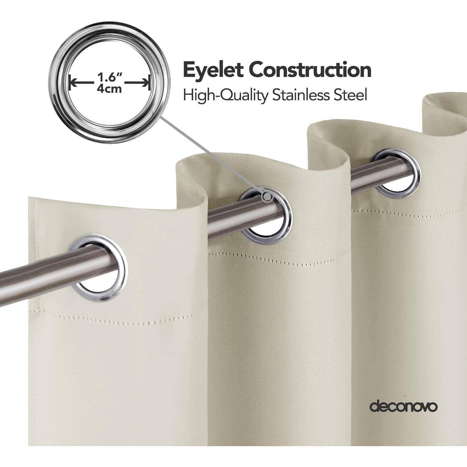 Beige Vorhänge mit Edelstahl-Ösen, 1,6 Zoll (4 cm) im Durchmesser, konzipiert für leichtgängiges Gleiten an Vorhangestangen, von Deconovo.
