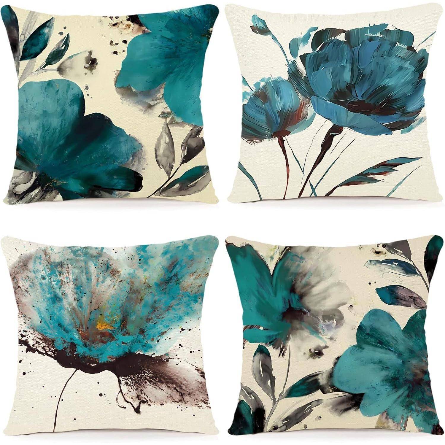 Kissenbezug 45x45 4er Set Leinen Blumen A203 45 x 45 cm 4 Stück