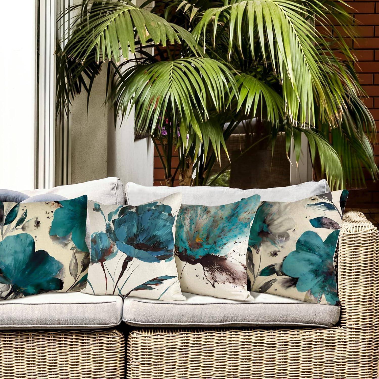 Kissenbezug 45x45 4er Set Leinen Blumen A203 45 x 45 cm 4 Stück