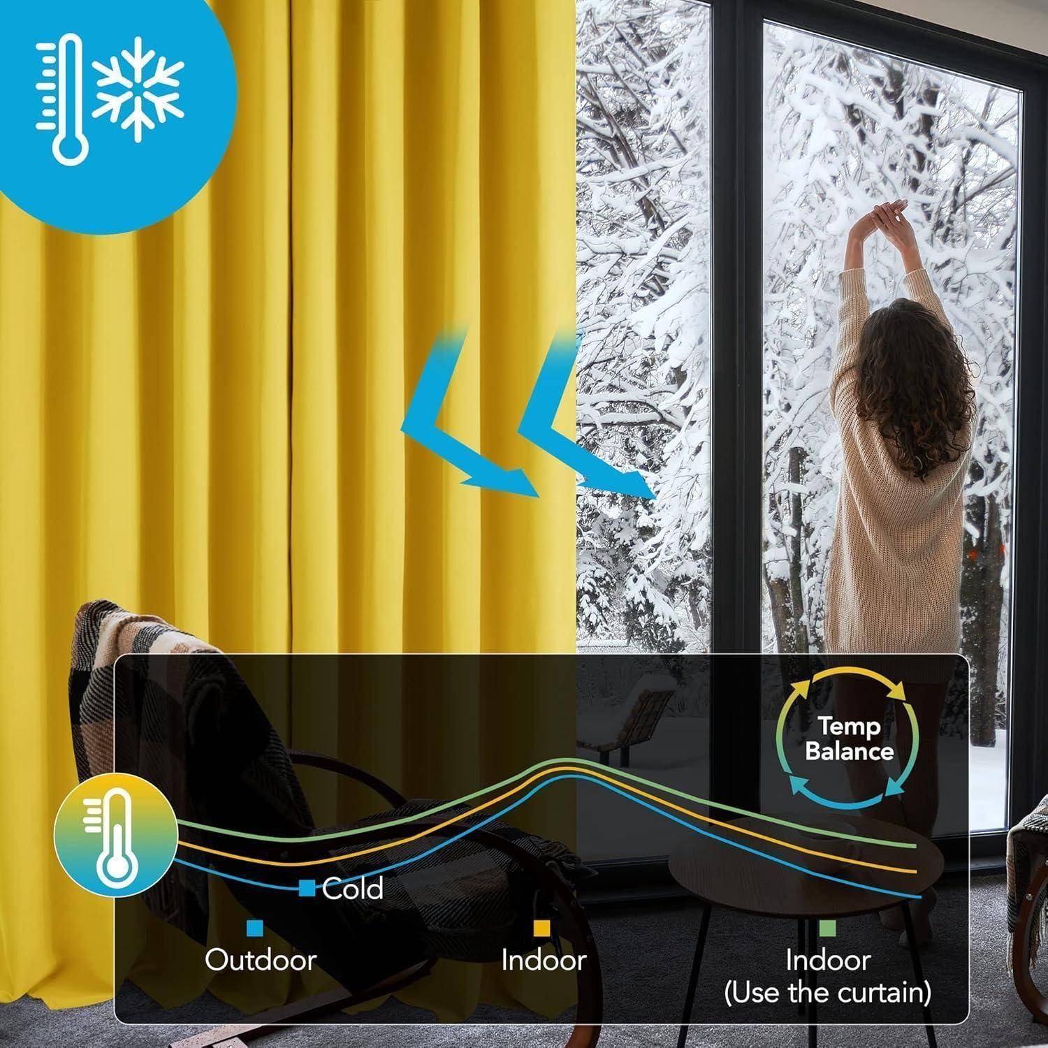 Eine Person passt einen gelben Vorhang im Innenraum an, während draußen Schnee zu sehen ist. Eine Infografik zeigt, wie kalte Luft draußen blockiert wird und die Wärme im Innenraum aufrechterhalten bleibt.