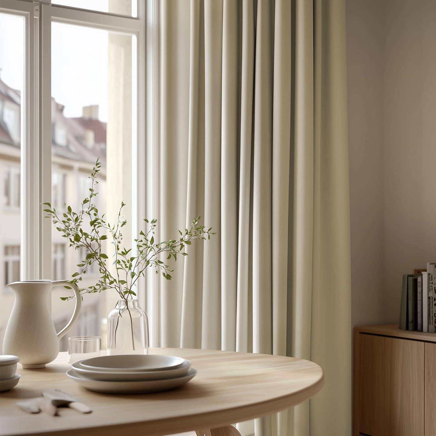 Ein runder Holztisch, gedeckt mit einem weißen Krug, Tellern und einer Vase mit grünen Zweigen. Weiches natürliches Licht fällt durch hohe Fenster.