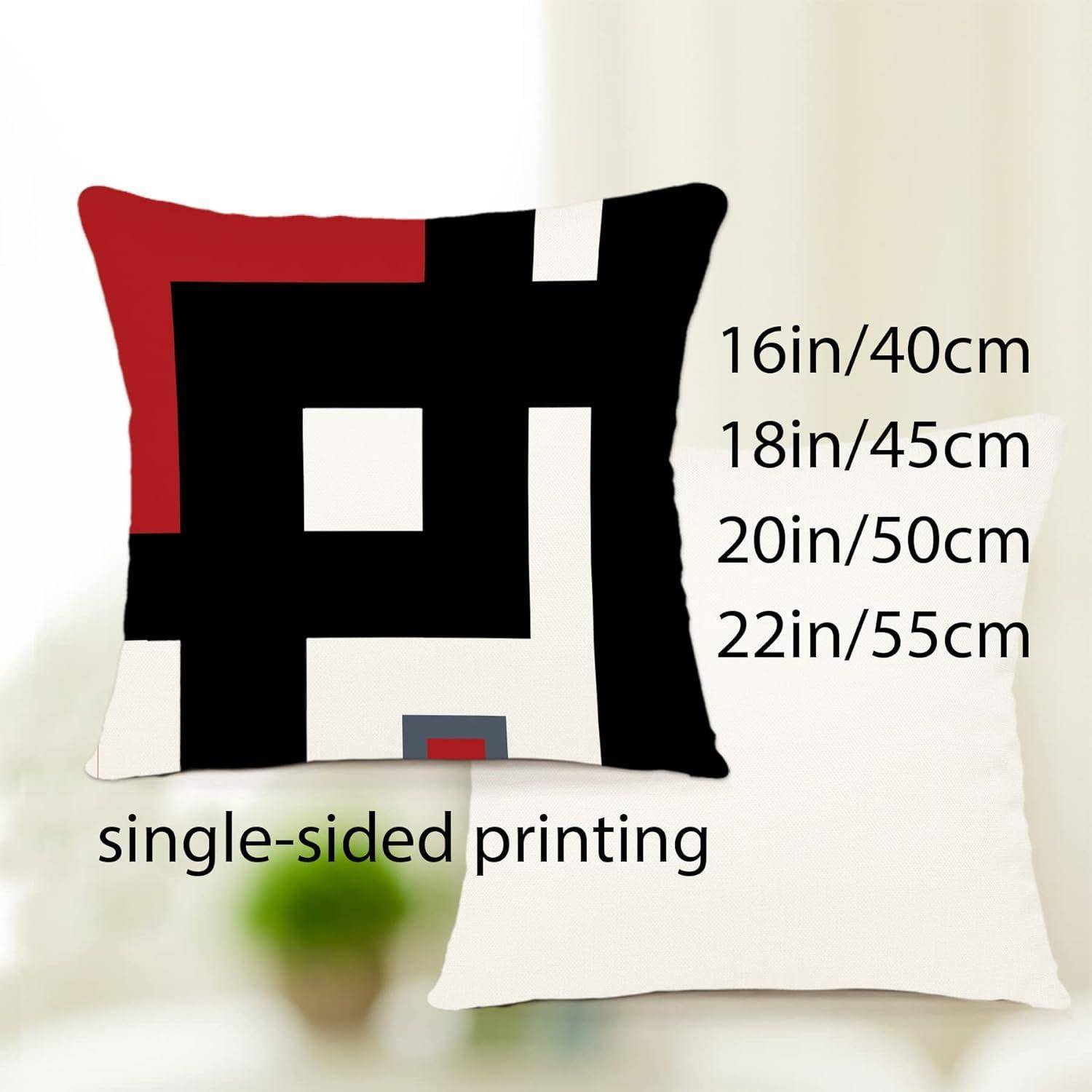 Quadratisches Kissen mit einem schwarzen, weißen und roten geometrischen Muster, in vier Größen dargestellt: 16 Zoll, 18 Zoll, 20 Zoll und 22 Zoll, mit einseitigem Druck.