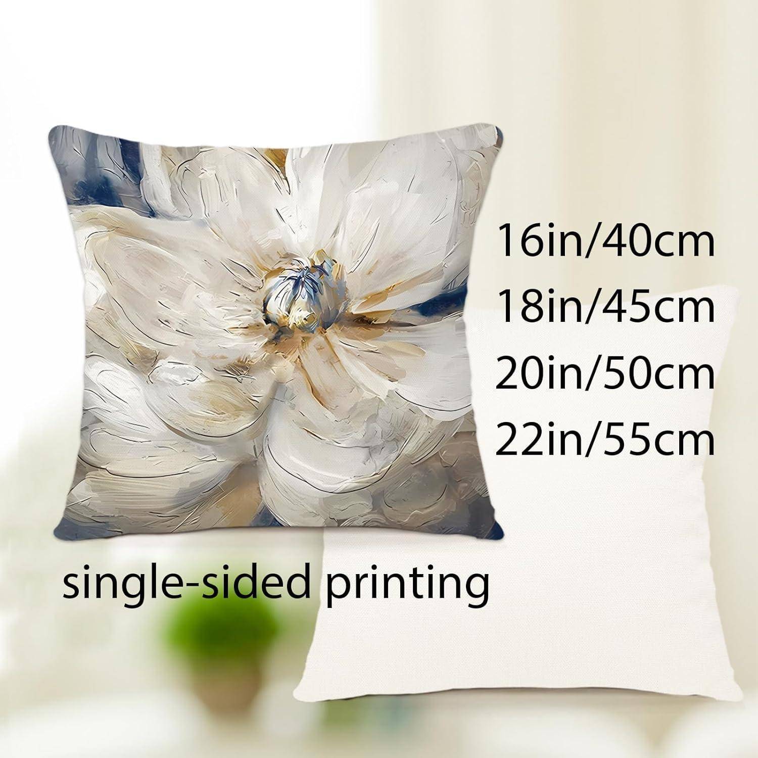Kissenbezug mit gemaltem weißem Blumendesign. Einseitige Bedruckung erhältlich in drei Größen: 16 Zoll/40 cm, 20 Zoll/50 cm, 22 Zoll/55 cm.