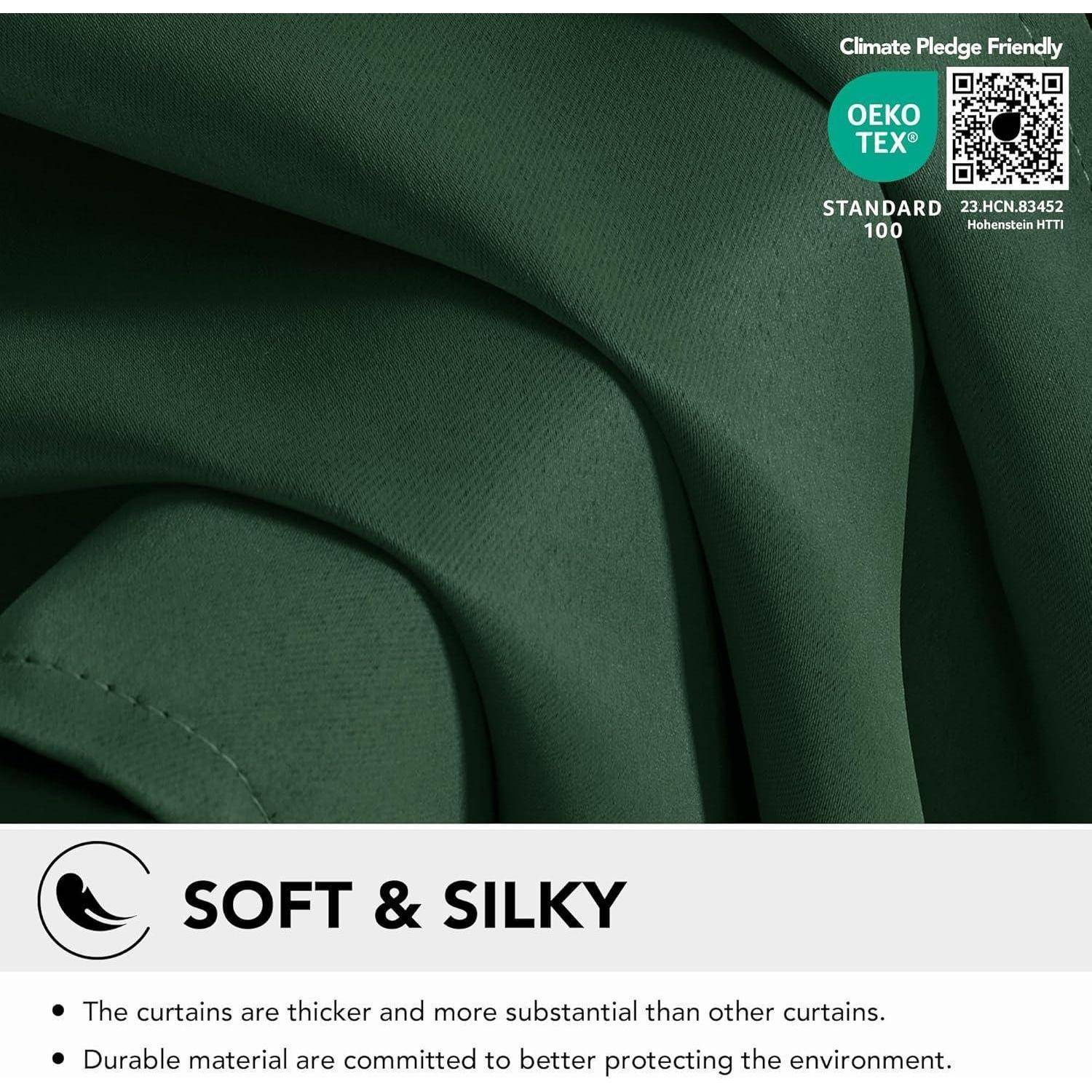 Vorhänge 'Soft & Silky' aus grünem Stoff, die Langlebigkeit und Umweltzertifizierungslogos präsentieren.