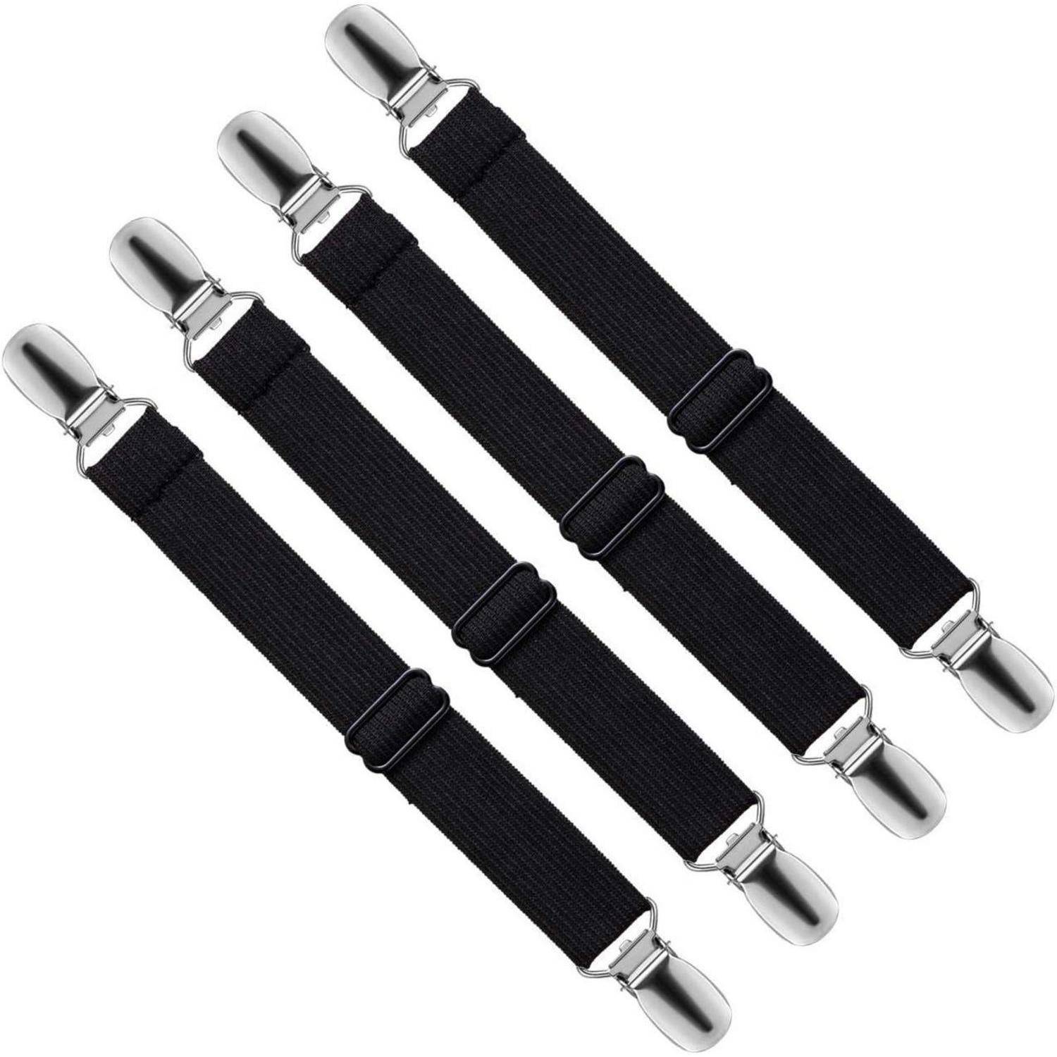 Vier schwarze verstellbare elastische Riemen mit Metallklammern, die zum Befestigen von Laken oder Stoff verwendet werden.