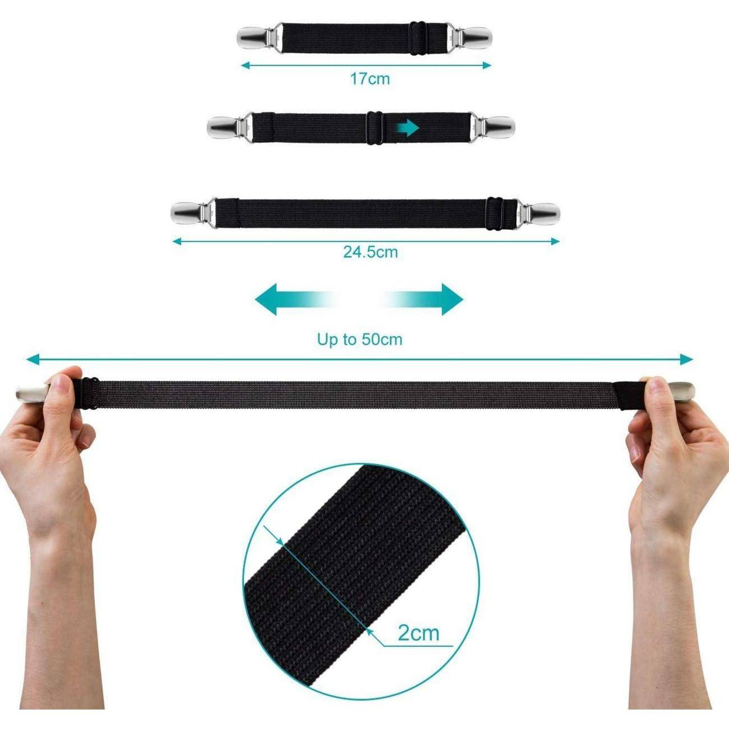 Elastisches Band mit verstellbarer Länge (17 cm, 24,5 cm, bis zu 50 cm), das in Händen gezeigt wird. Nahaufnahme betont das 2 cm breite dehnbare Material.