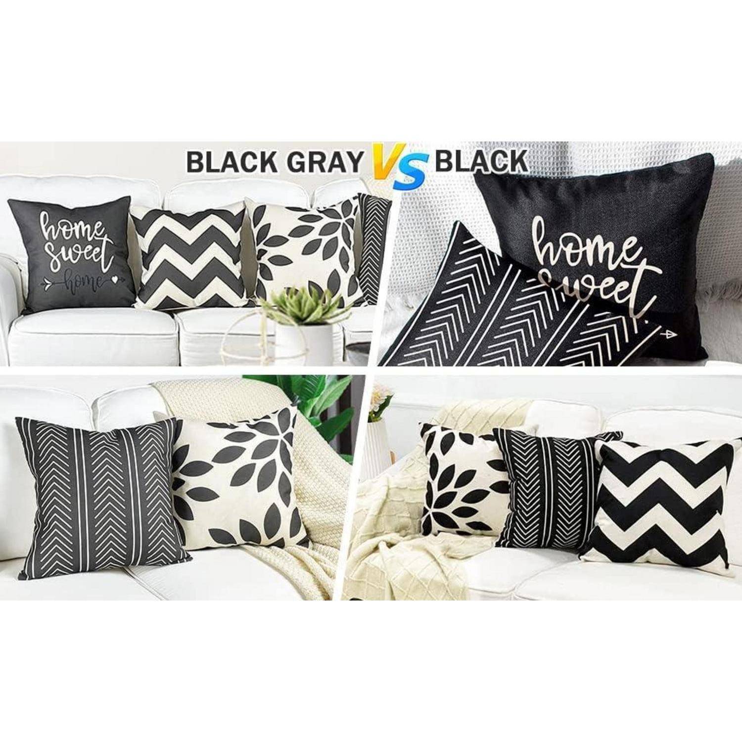 Schwarz Grau vs Schwarz' Kissenbezüge im Vergleich. Oben: Mischung aus Mustern und Text mit der Aufschrift 'home sweet home.' Unten: Verschiedene geometrische und Blattmuster.