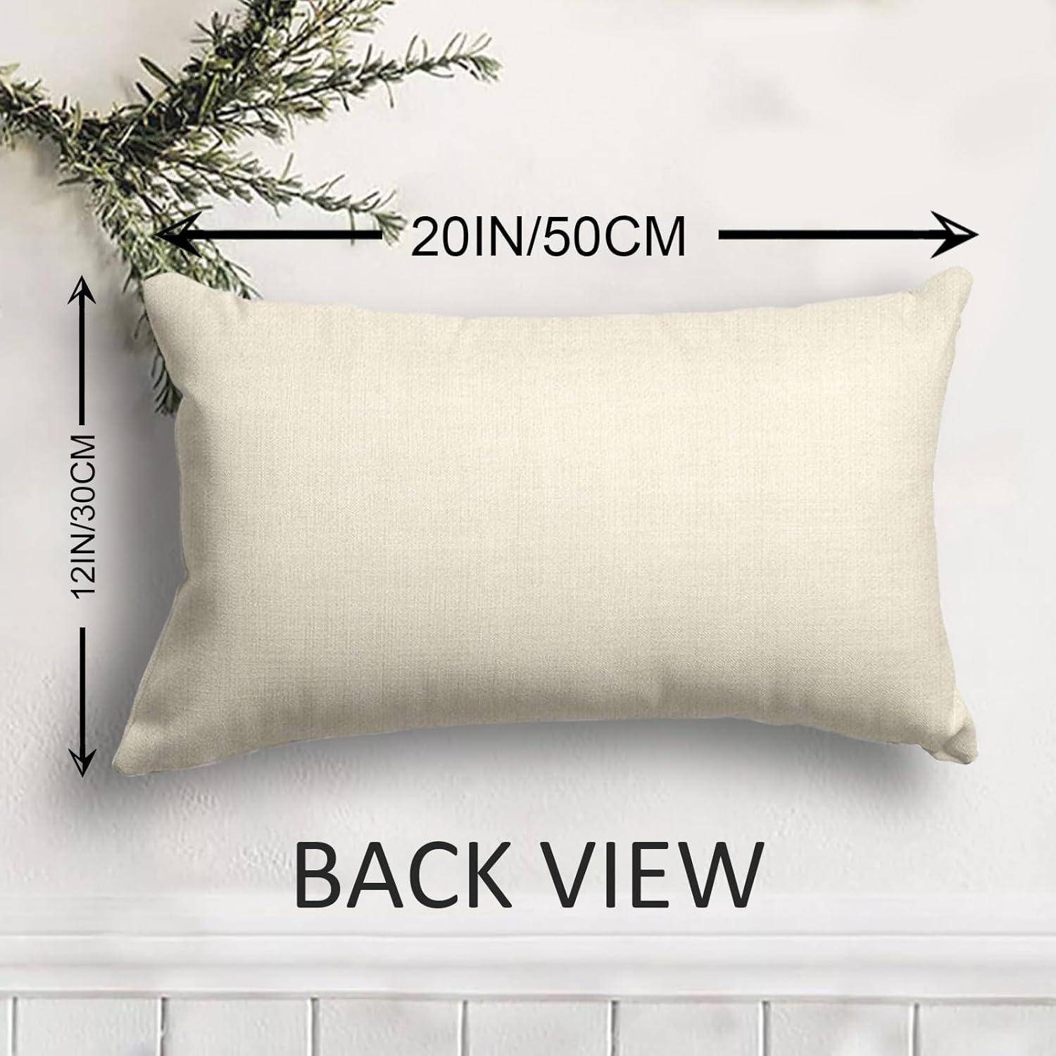 Rückansicht eines neutral gefärbten rechteckigen Kissens mit beschrifteten Abmessungen von 20 Zoll/50 cm Breite und 12 Zoll/30 cm Höhe.