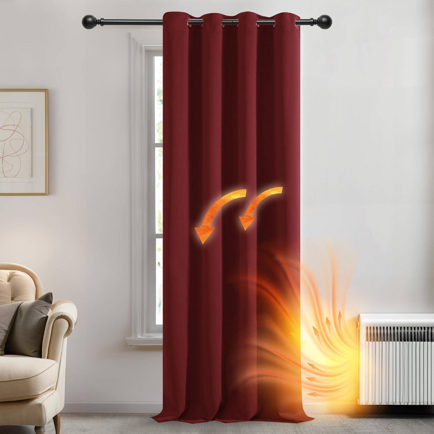 Ein roter Vorhang blockiert das Licht, das durch ein Fenster eindringt, während ein Diagramm zeigt, wie Wärme zum Heizkörper umgeleitet wird und so die Energieeffizienz veranschaulicht.