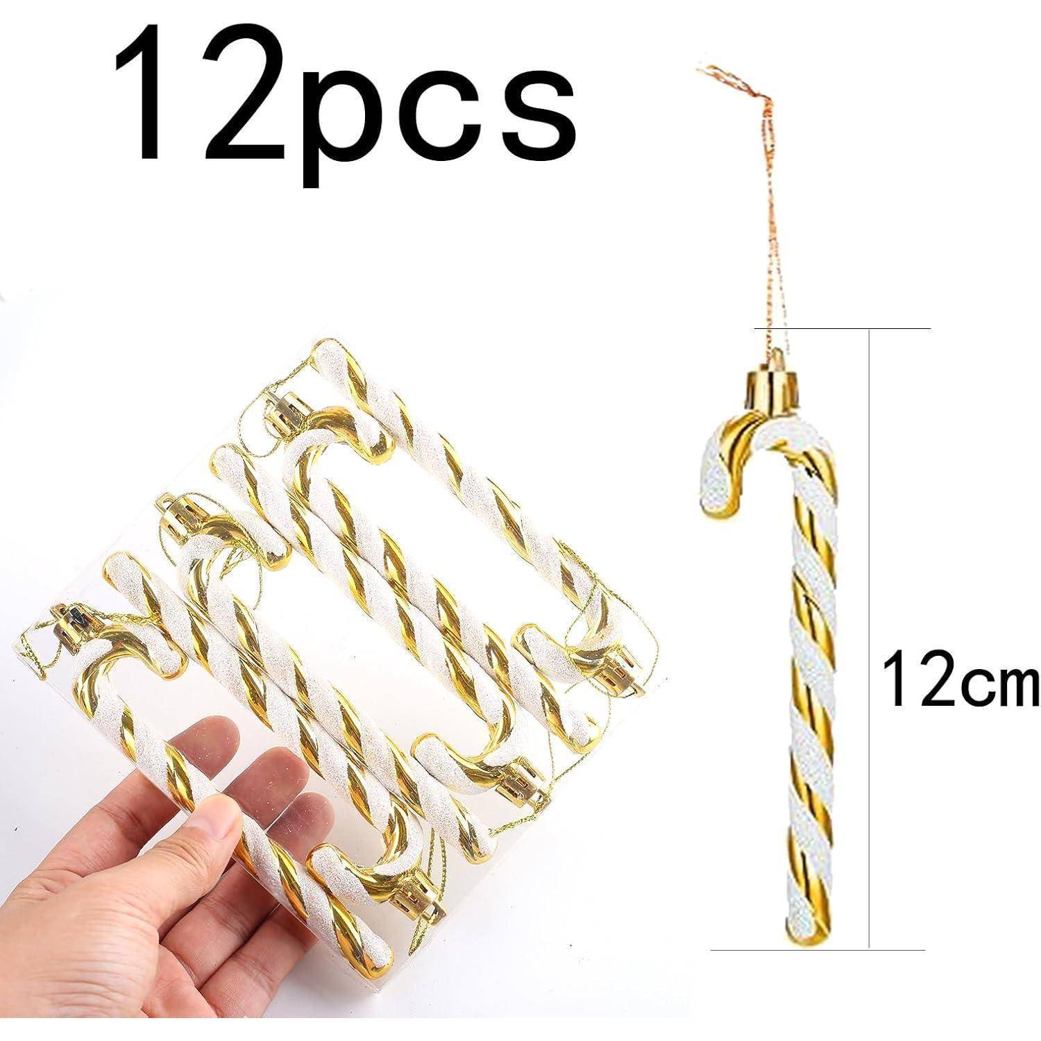 Gold- und weiße Zuckerstangen-Anhänger, 12 Stück, je 12 cm lang, mit Aufhängeschlaufen.