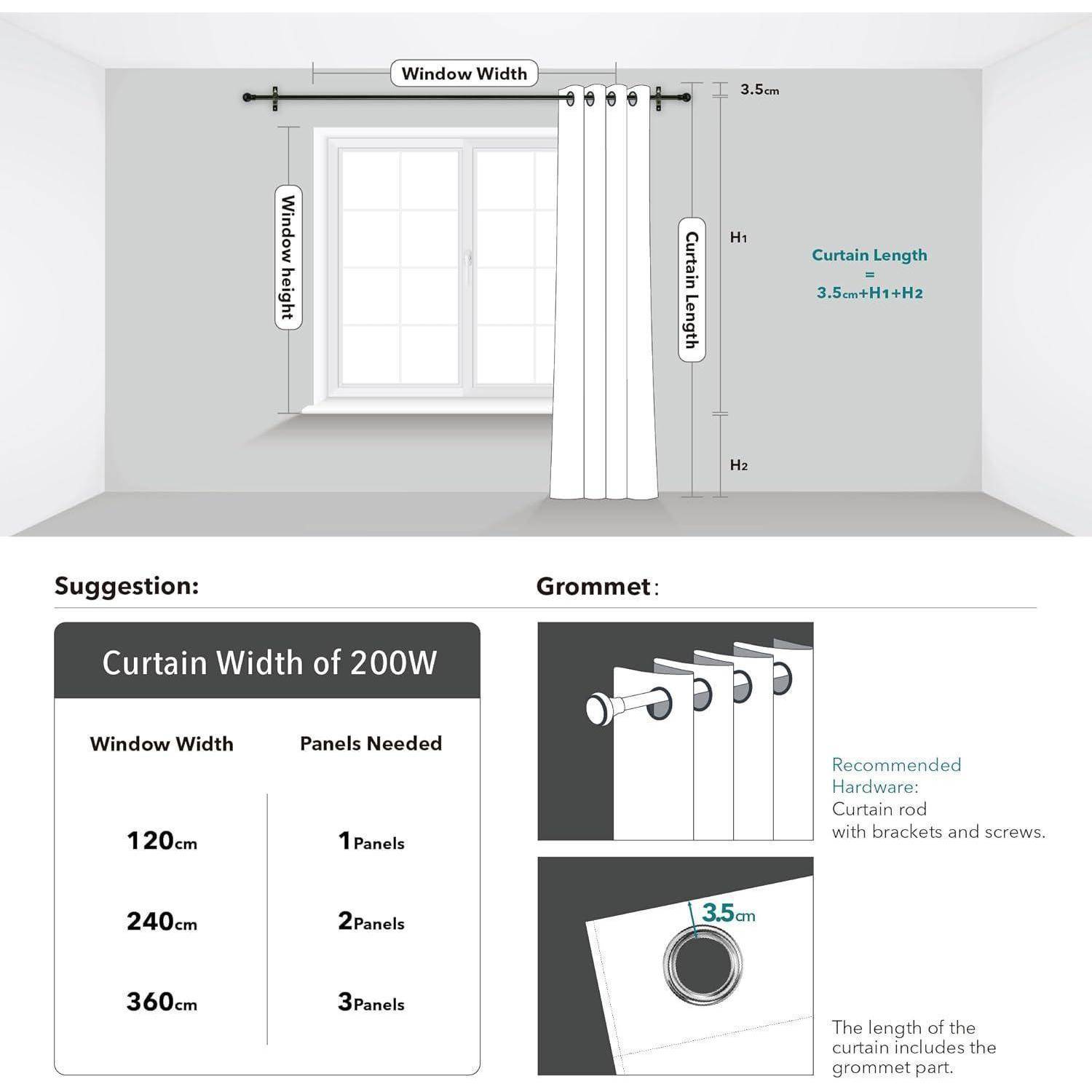 Diagramm zur Vorhangmaßanleitung. Enthält Fensterbreite, Vorhanglänge gekennzeichnet mit H1, H2, 3,5 cm sowie Empfehlungen für Vorhangsbreite, Zubehör und Ösendetails.