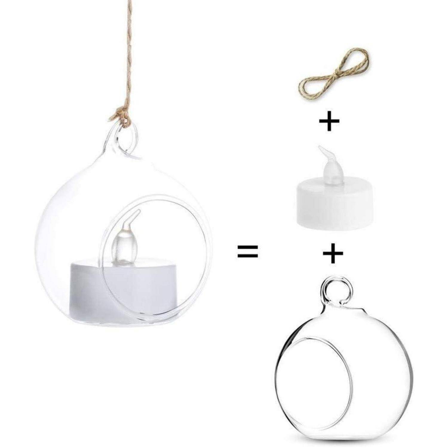 Glas-Teelichthalter zum Aufhängen mit Haken, inklusive Kerze und Docht. Ideal für dekorative Beleuchtung oder stimmungsvolle Arrangements.