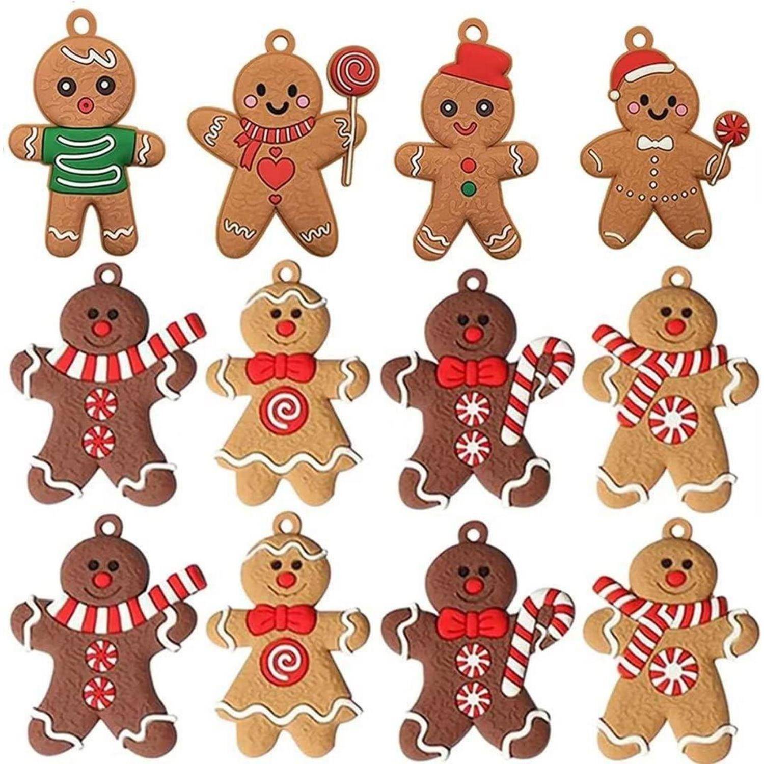 Zwölf Lebkuchenfiguren mit verschiedenen Verzierungen und Accessoires, einschließlich Zuckerstangen, Schleifen und festlicher Kleidung.