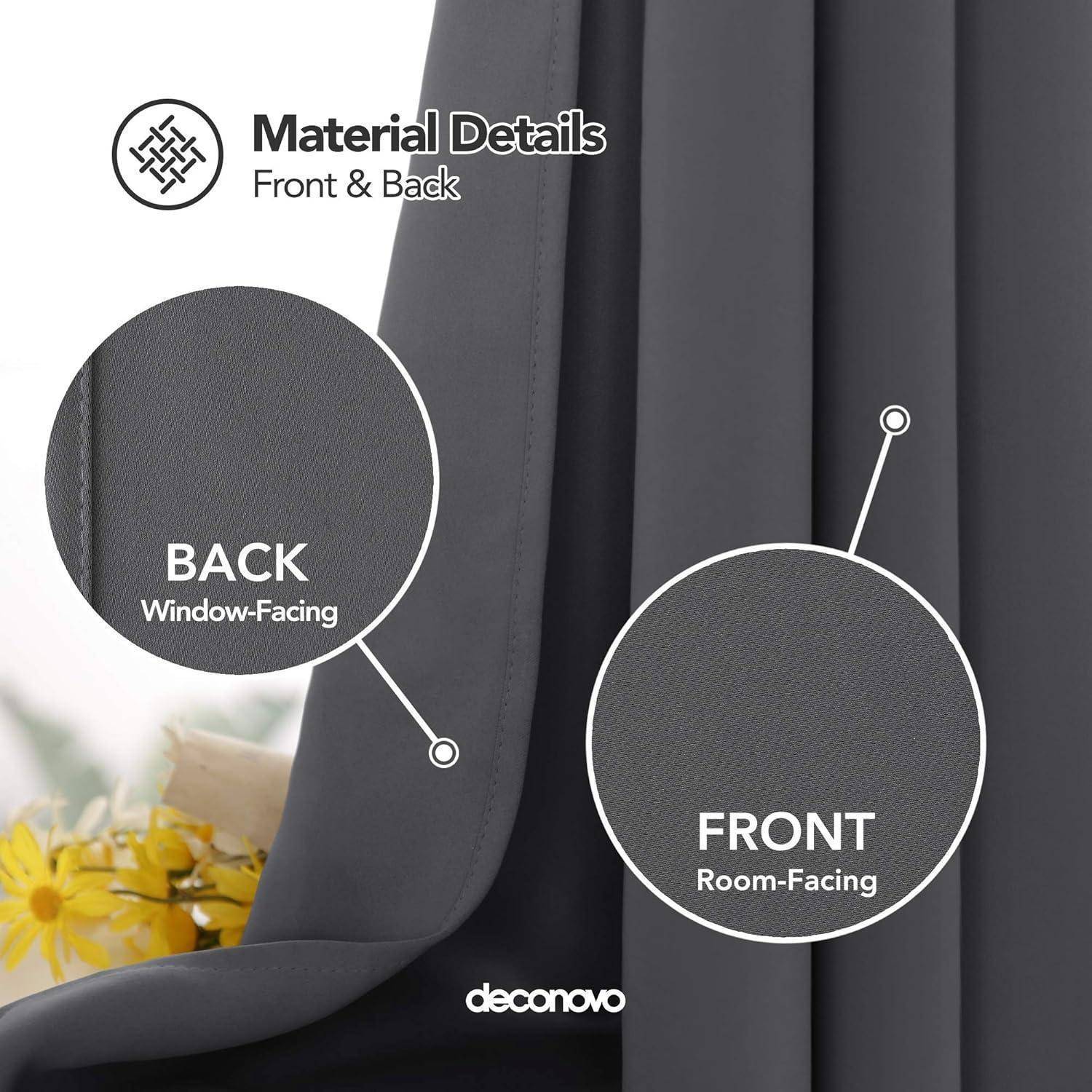 Materialdetails: Vorder- & Rückseite auf grauen Vorhängen. Die Rückseite zeigt zum Fenster; die Vorderseite ist innen. Gelbe Blumen teilweise sichtbar.