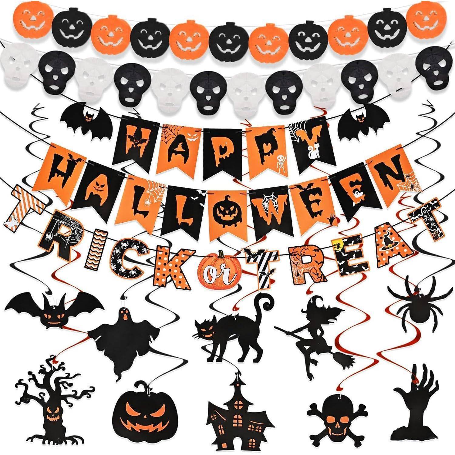 Halloween-Dekorationen mit Bannern, auf denen 