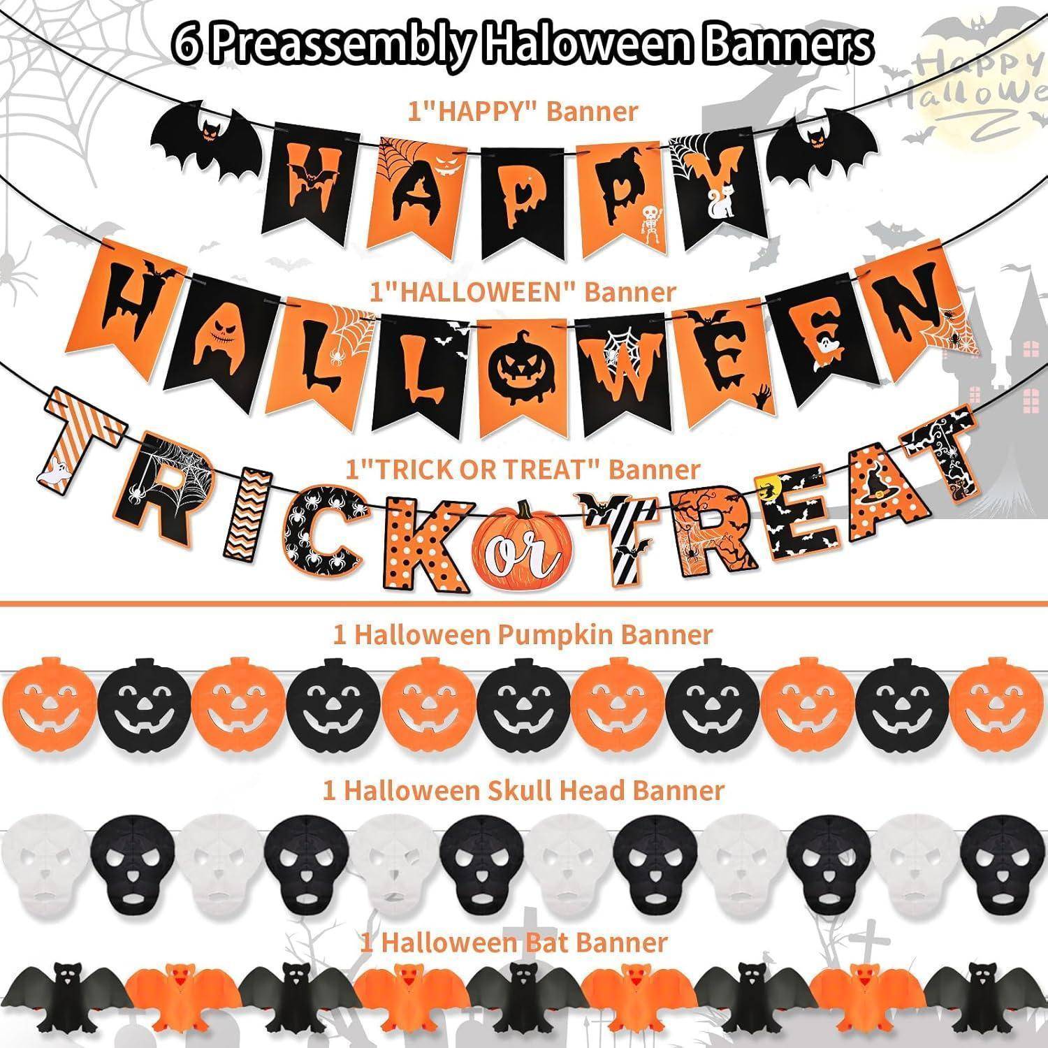 Halloween-Banner mit Texten: Frohes Halloween, Süßes oder Saures!' mit Kürbissen, Fledermäusen, Schädeln und Spinnen in Schwarz und Orange.