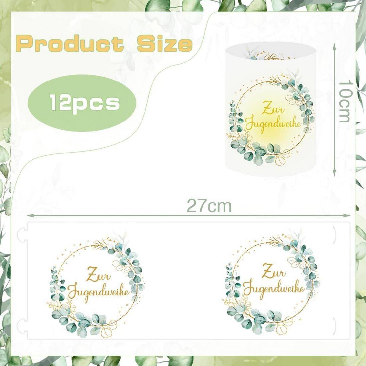 Produktabmessungen: 27 cm breit und 10 cm hoch für 12 Stück. Jedes Stück zeigt einen Blumenkranz mit dem Text ‚Zur Jugendweihe' in der Mitte.