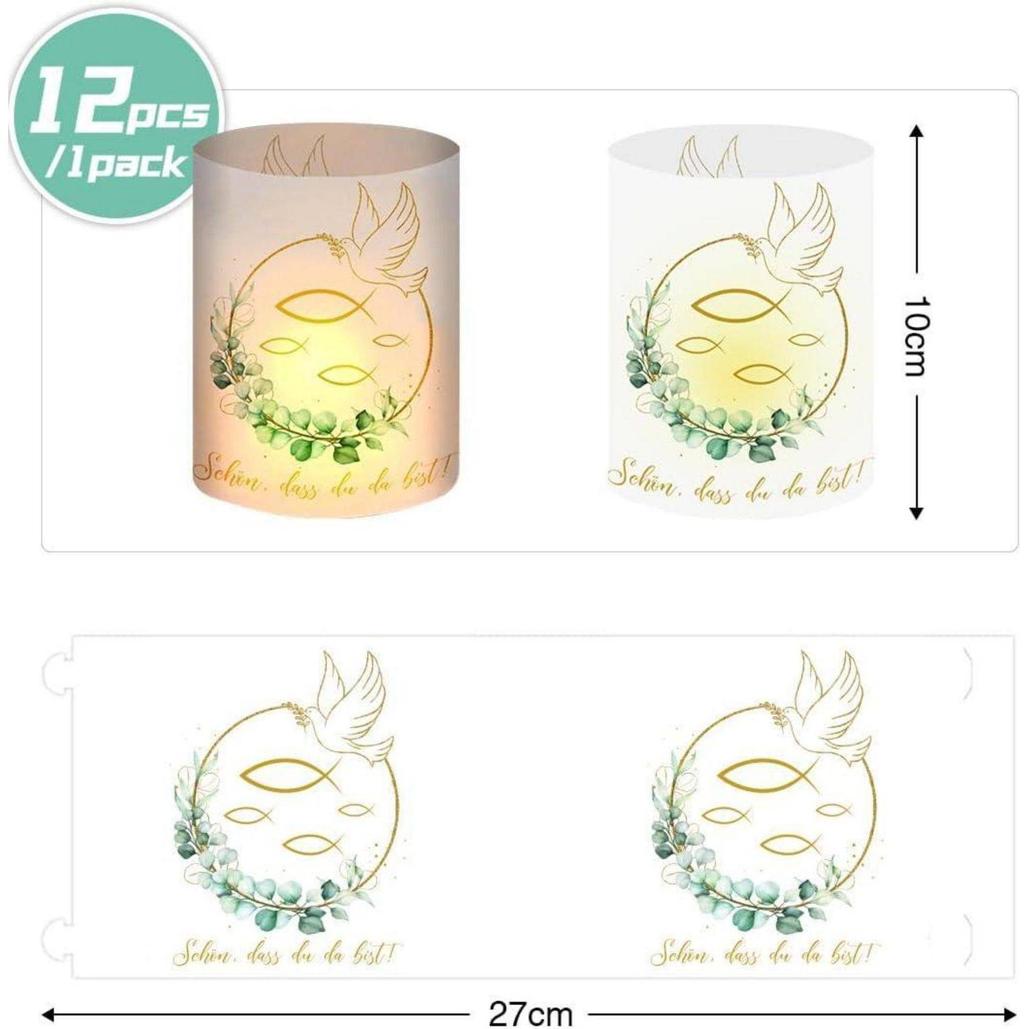 12er Set dekorative Kerzenbanderolen, 10 cm hoch, mit leuchtendem Design und Schriftzug 'Schön, dass du da bist!', florale Akzente, 27 cm im entfalteten Zustand.
