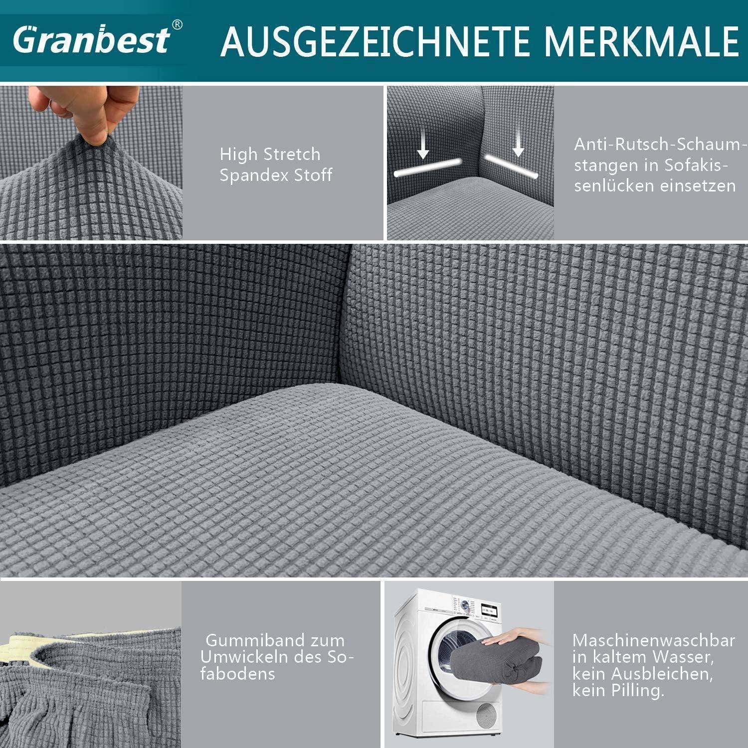 Graue strukturierte Sofaüberzug mit rutschfestem Schaum, elastischem Saum und wasserabweisenden Eigenschaften. Waschmaschinensymbole zeigen einfache Reinigung an.