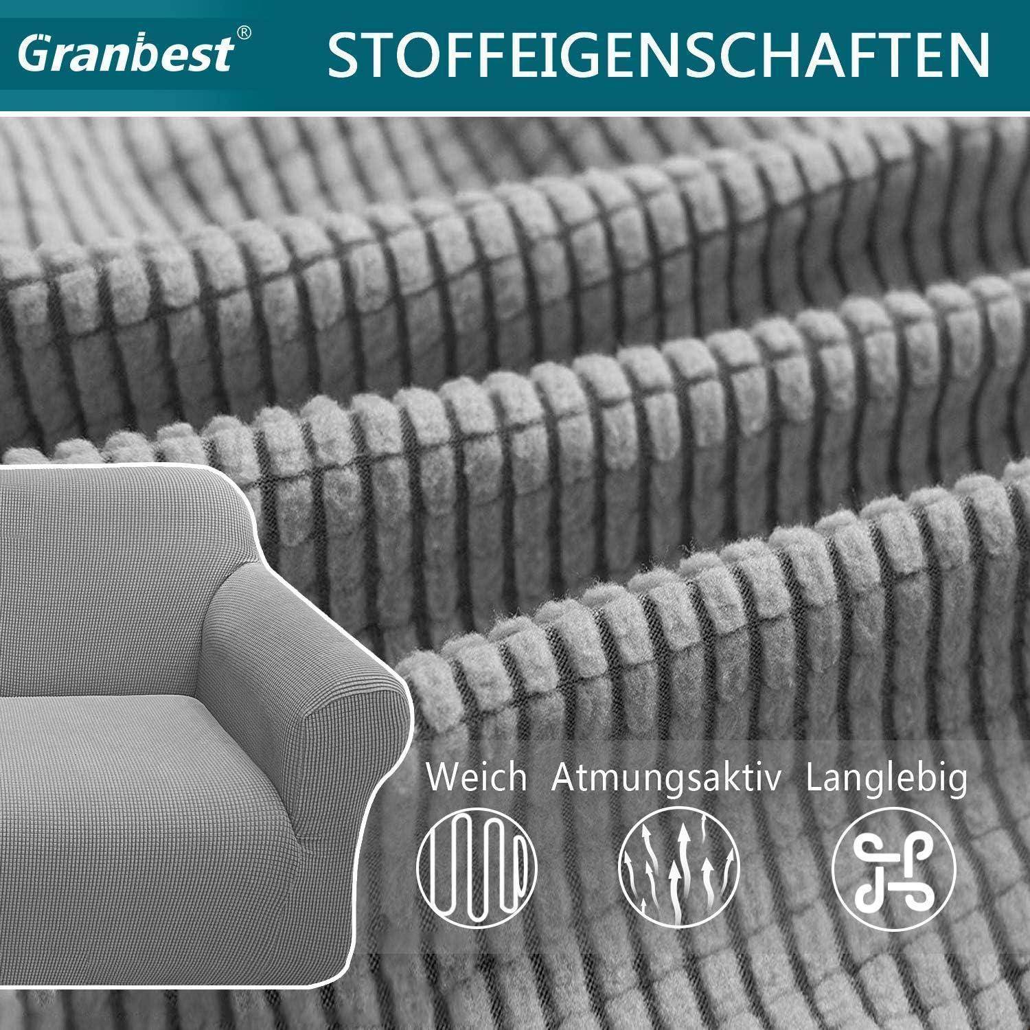 Ein strukturierter Stoff mit Rillen, der seine weichen, atmungsaktiven und haltbaren Eigenschaften zur Schau stellt. Ein Bild eines Sofas zeigt die Verwendung des Gewebes.