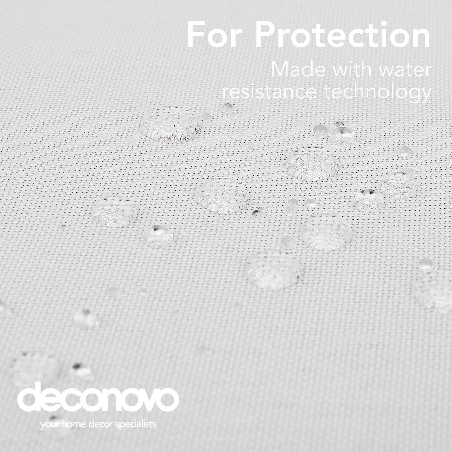 Wassertropfen auf Stoff mit dem Text 'Zum Schutz, hergestellt mit wasserabweisender Technologie'. Deconovo-Logo unten.