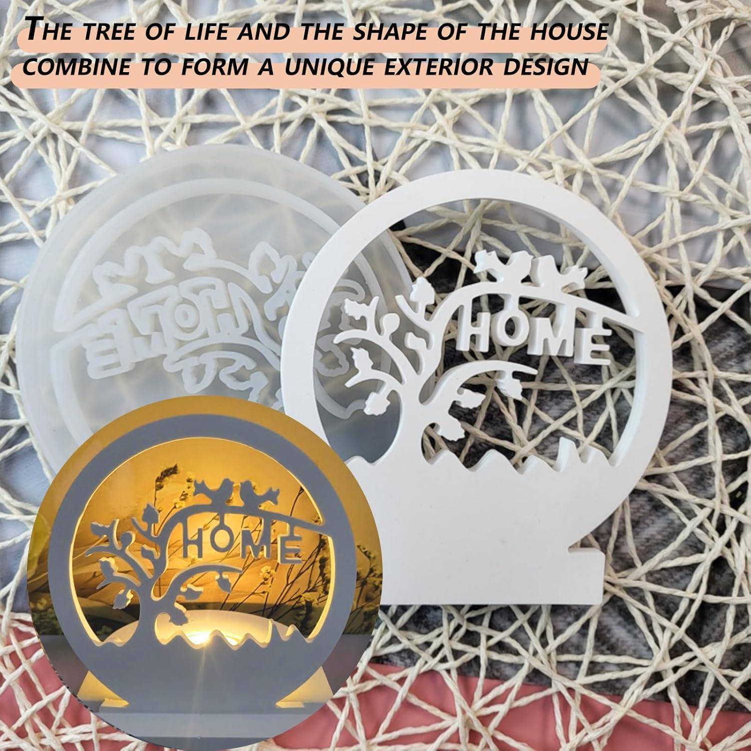 Dekoratives Design, das ein 'HOME'-Schild zeigt, das in eine Baumsilhouette integriert ist und einzigartige Außengestaltungselemente hervorhebt.