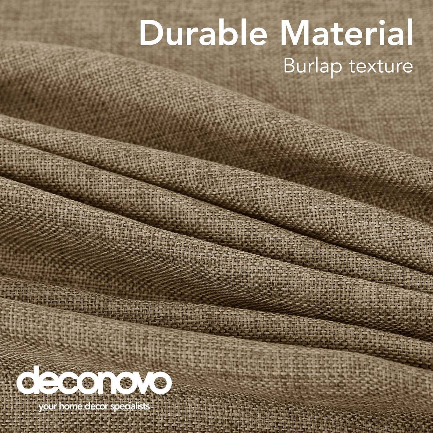 Strapazierfähiges Material: Jutestoff-Textur.' Bild zeigt gefaltetes Gewebe und betont Haltbarkeit und Textur. 'Deconovo: Ihre Experten für Wohnraumgestaltung
