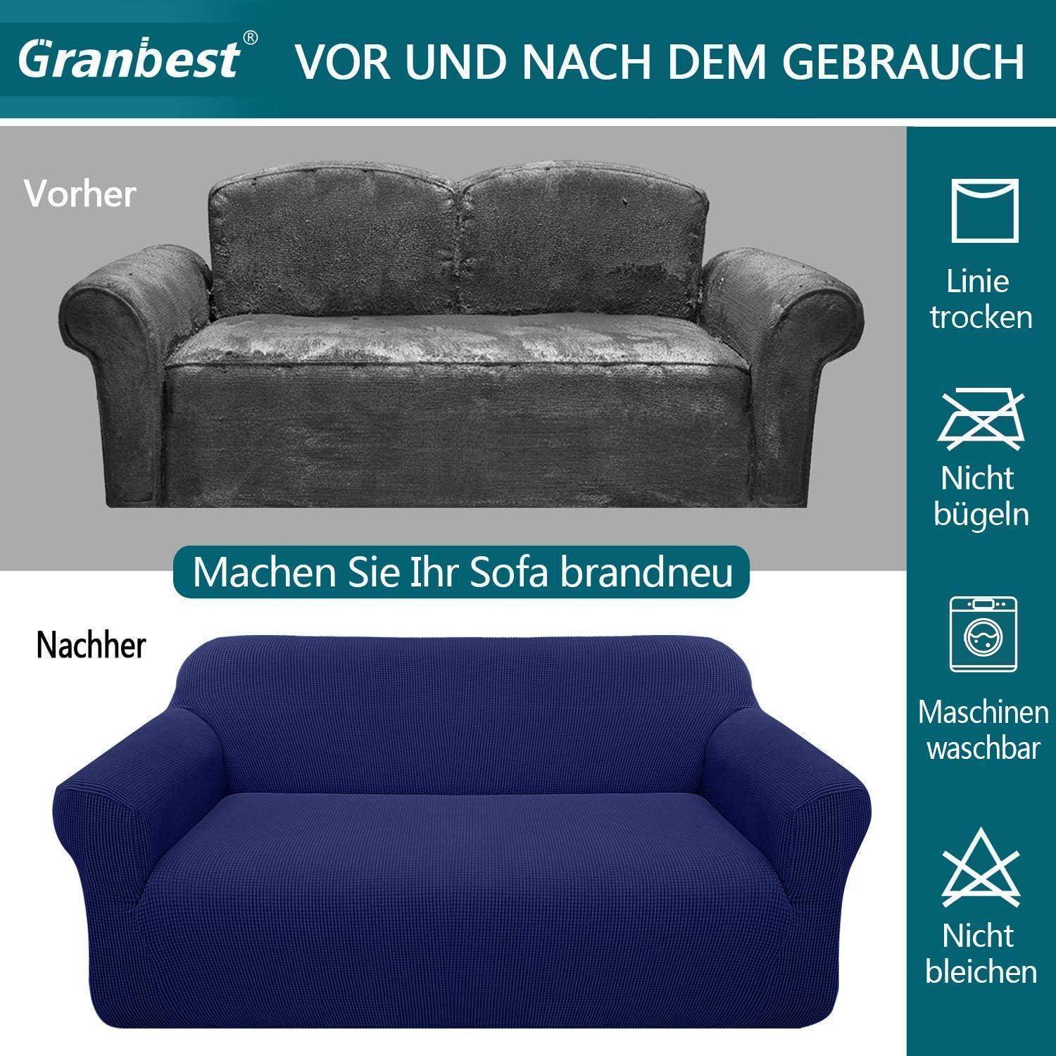 Vor und nach Sofahusse: verblasste graue Couch mit Aufschrift 'Vorher' oben, lebendige blaue Couch mit Aufschrift 'Nachher' unten.