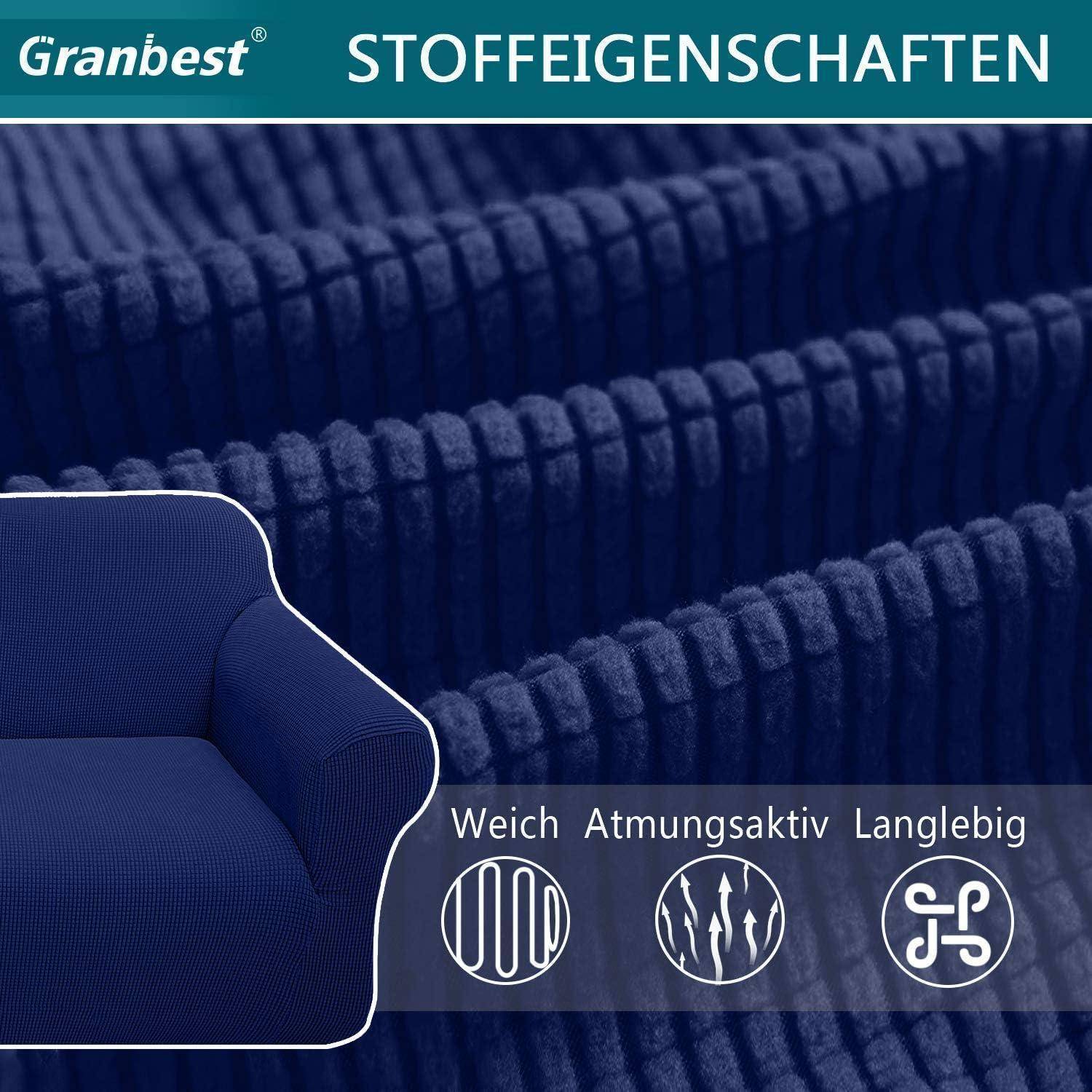 Granbest' Stoffeigenschaften: blaues Material, Weichheit, Atmungsaktivität, Haltbarkeit. Blaues Couch-Visualisierung.