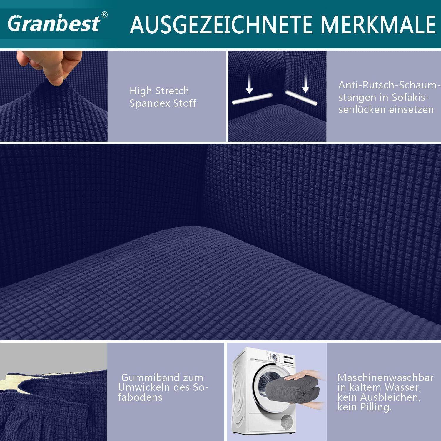 Nahaufnahme eines Sofabezugs mit gedehnt wirkenden Stoff, rutschhemmenden Schaumstoffröhren, elastischem Spannband am unteren Rand und einer Waschmaschinen-Grafik mit Text.