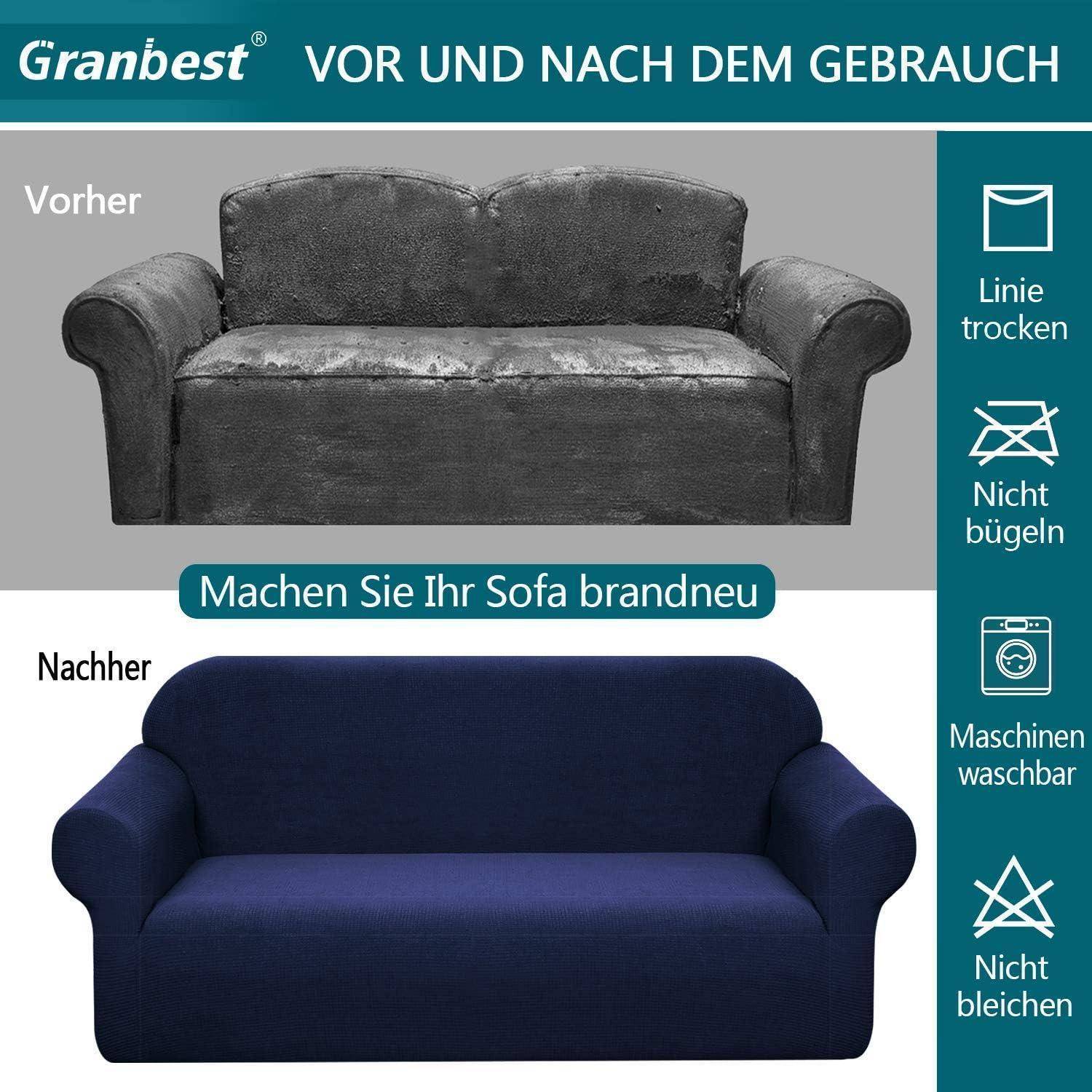 Ein Sofa in zwei Zuständen: Oben 'Vorher' ist es grau und abgenutzt, unten 'Nachher' ist es blau und sauber. Pflegehinweise besagen 'lufttrocknen' und 'maschinell waschen'.