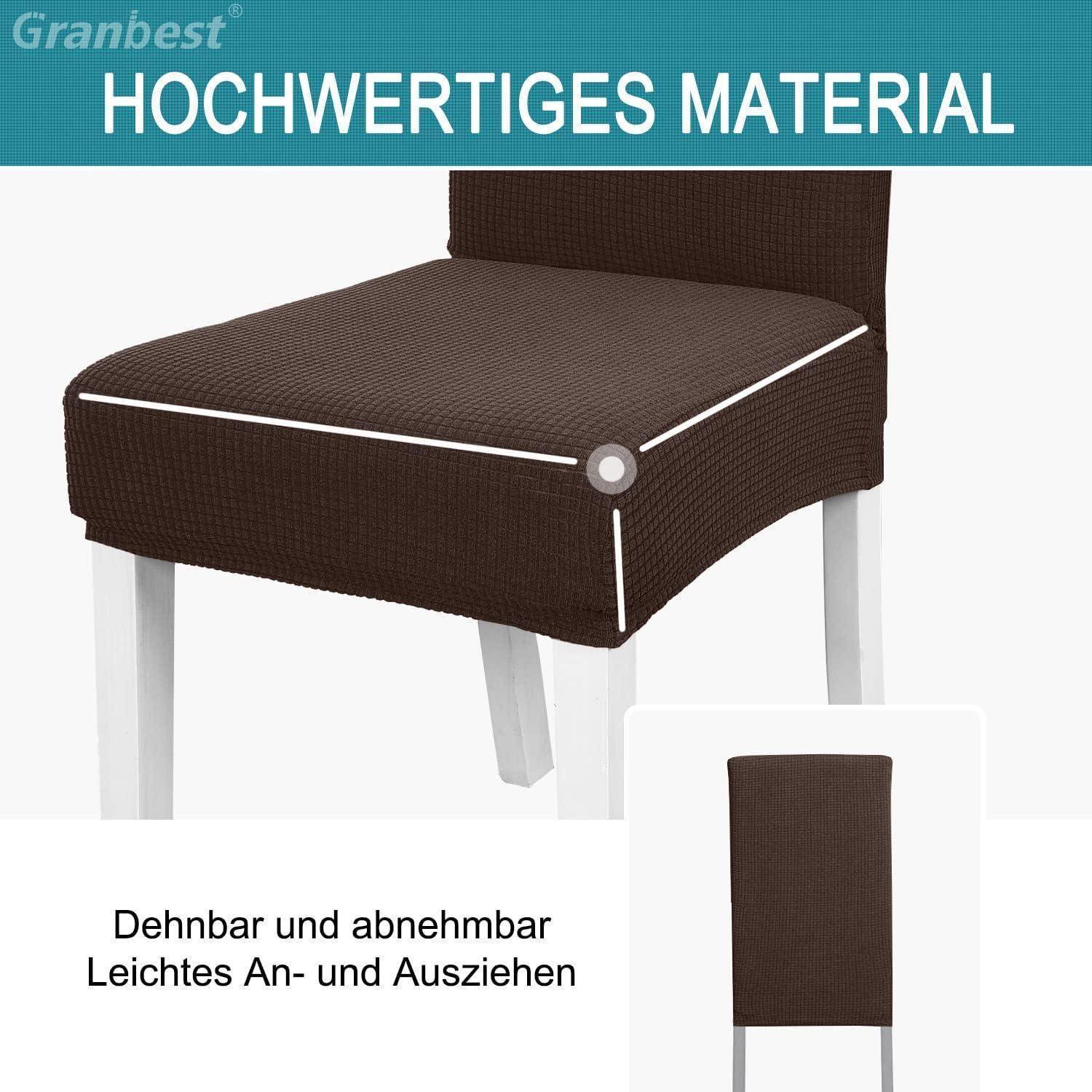 Ein Stuhl mit einem braunen, dehnbaren und abnehmbaren Bezug wird gezeigt. Der Text lautet 